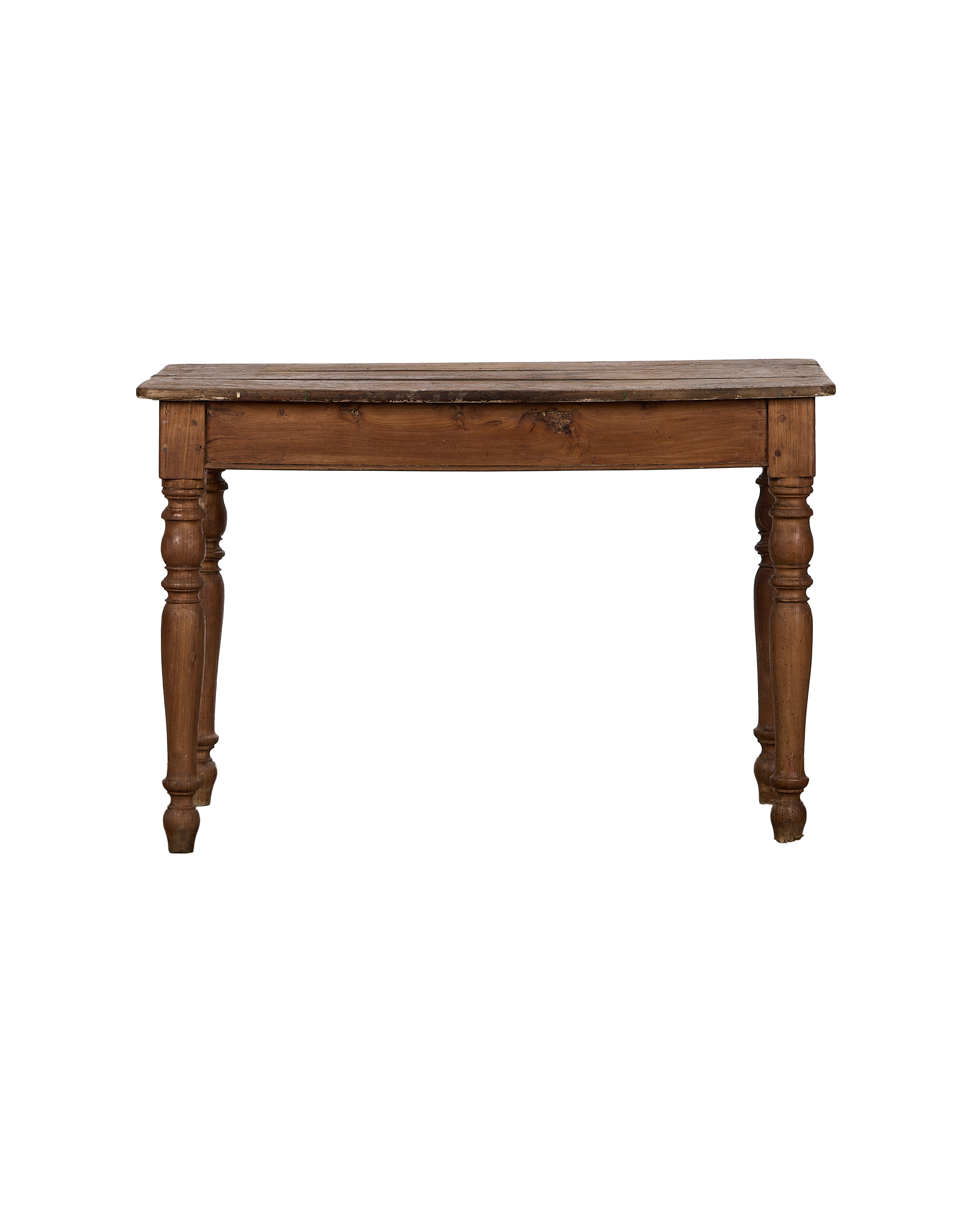 Vintage French oak farm table, distressed wood surface, sturdy turned legs, side view.