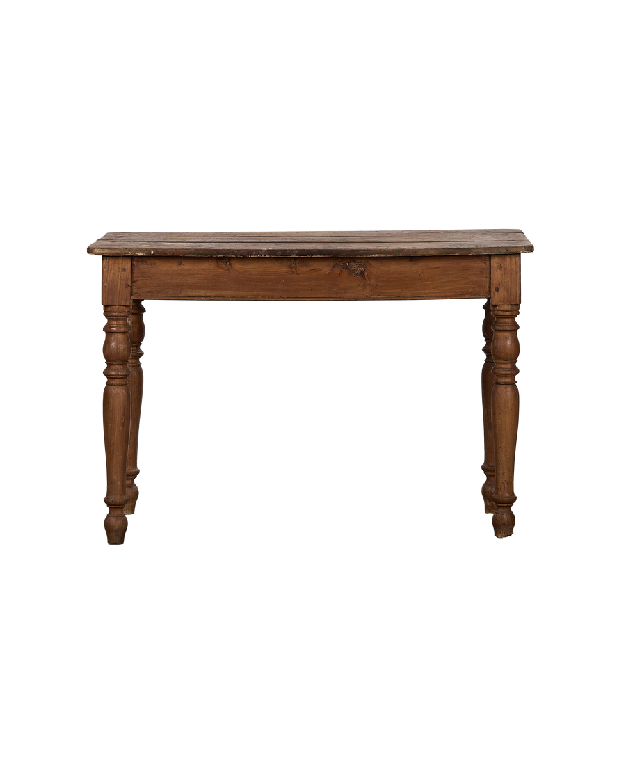 Vintage French oak farm table, distressed wood surface, sturdy turned legs, side view.