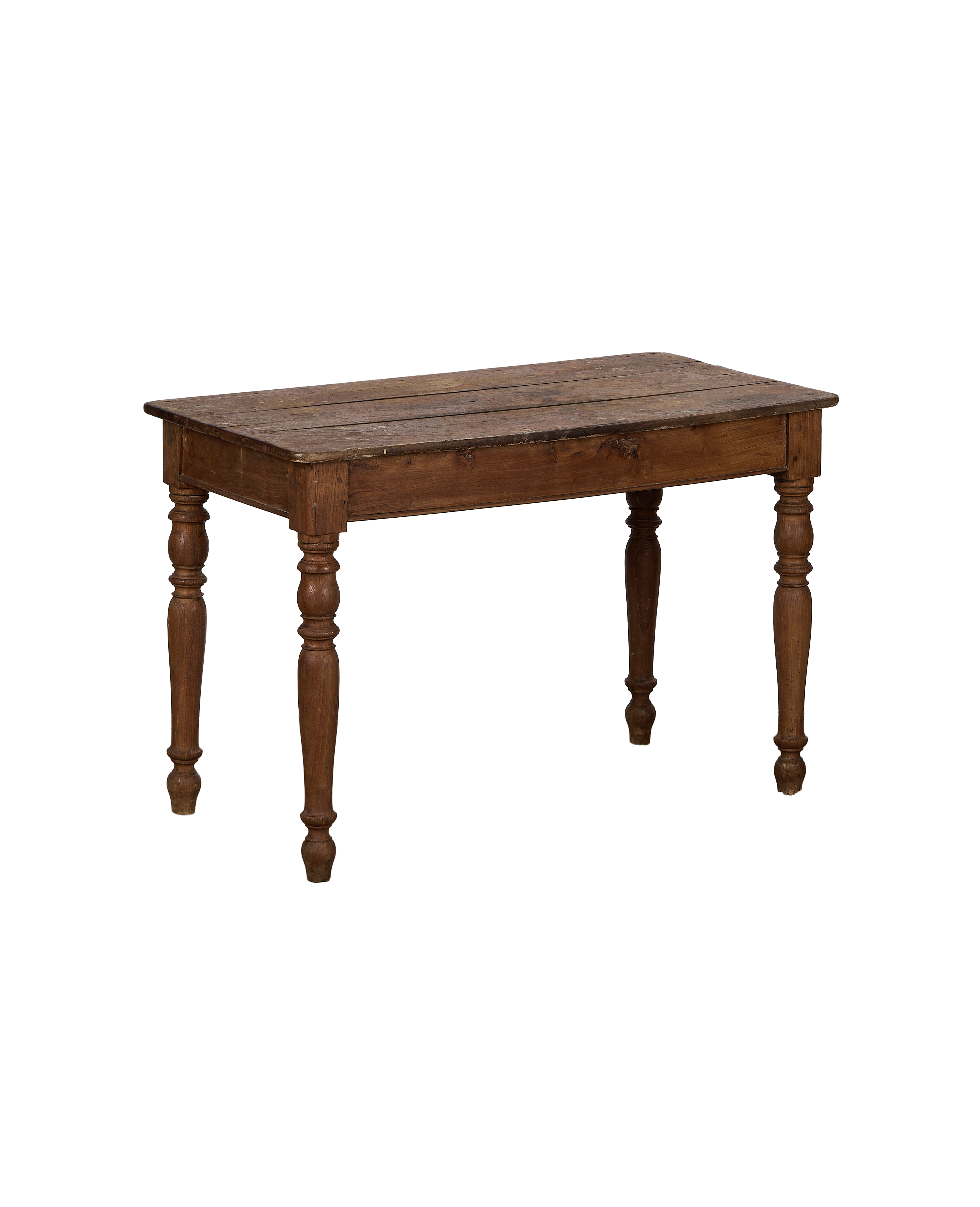 Vintage French oak farm table, distressed wood, turned legs, warm brown finish.