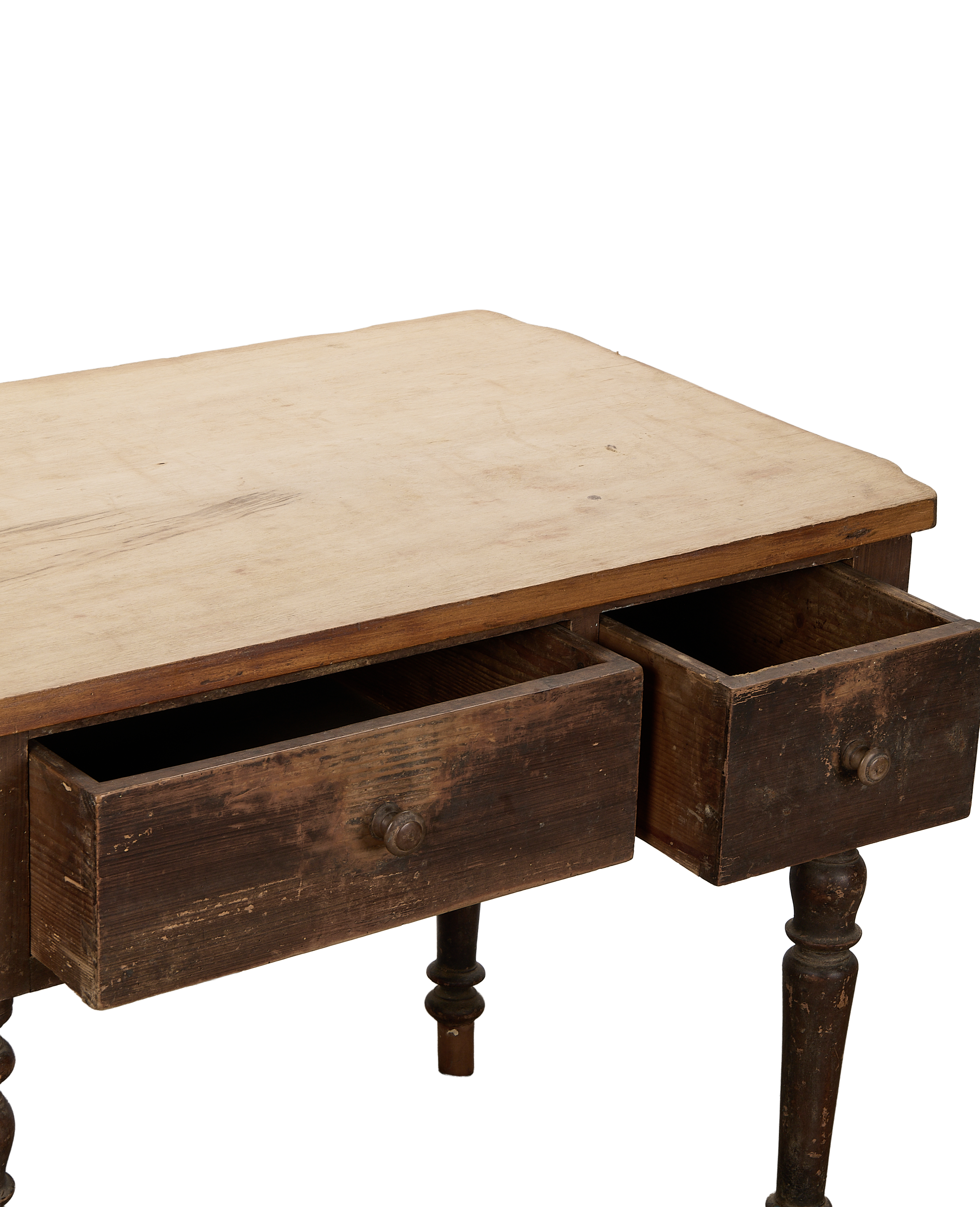 Vintage French oak kitchen island, detailed view of two opened antique drawers.