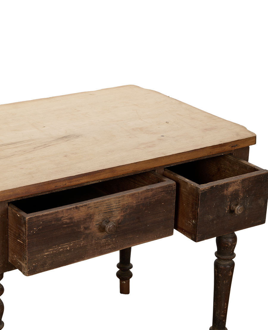 Vintage French oak kitchen island, detailed view of two opened antique drawers.
