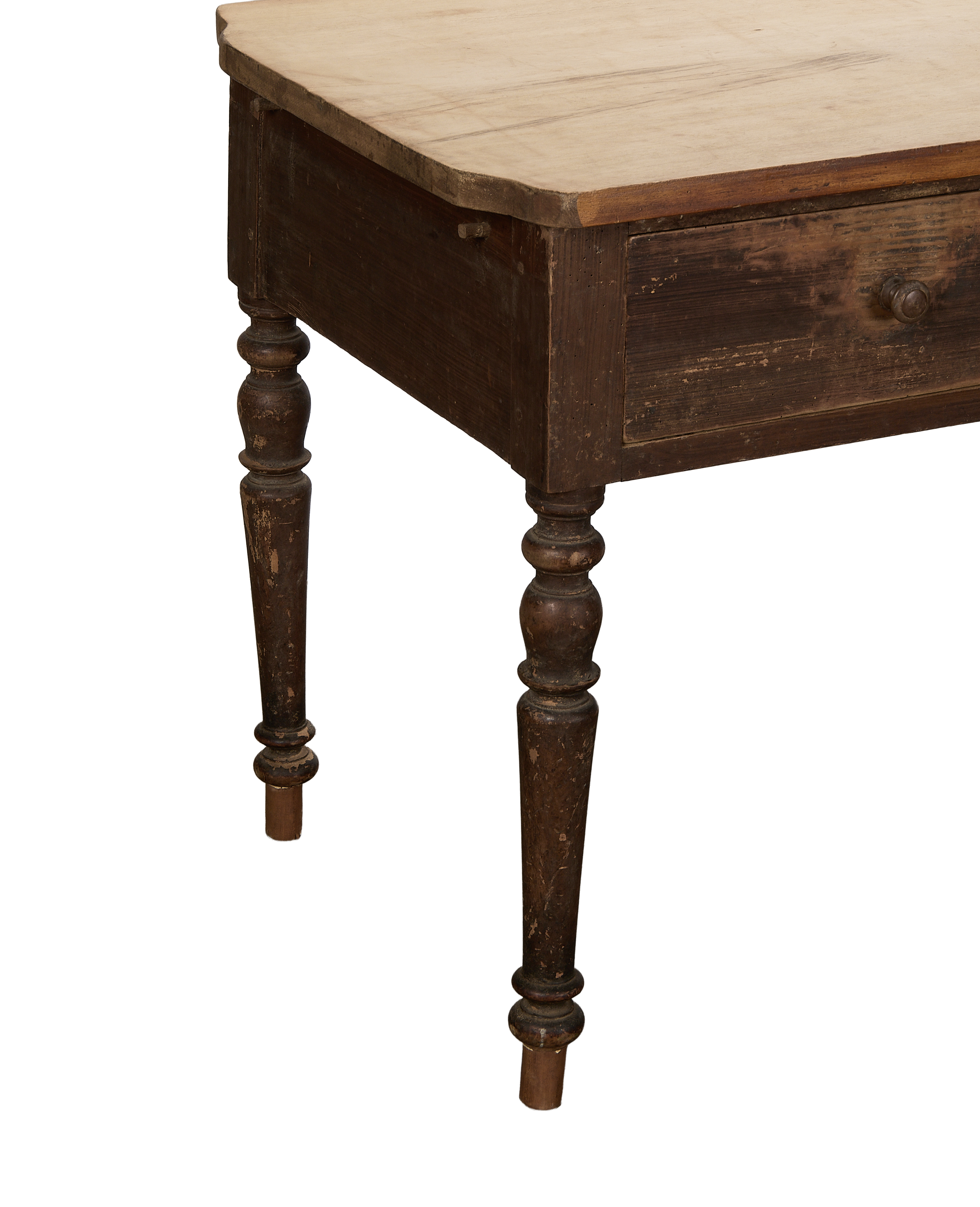 Vintage French oak kitchen island, detailed view of wood grain and turned leg, original condition.