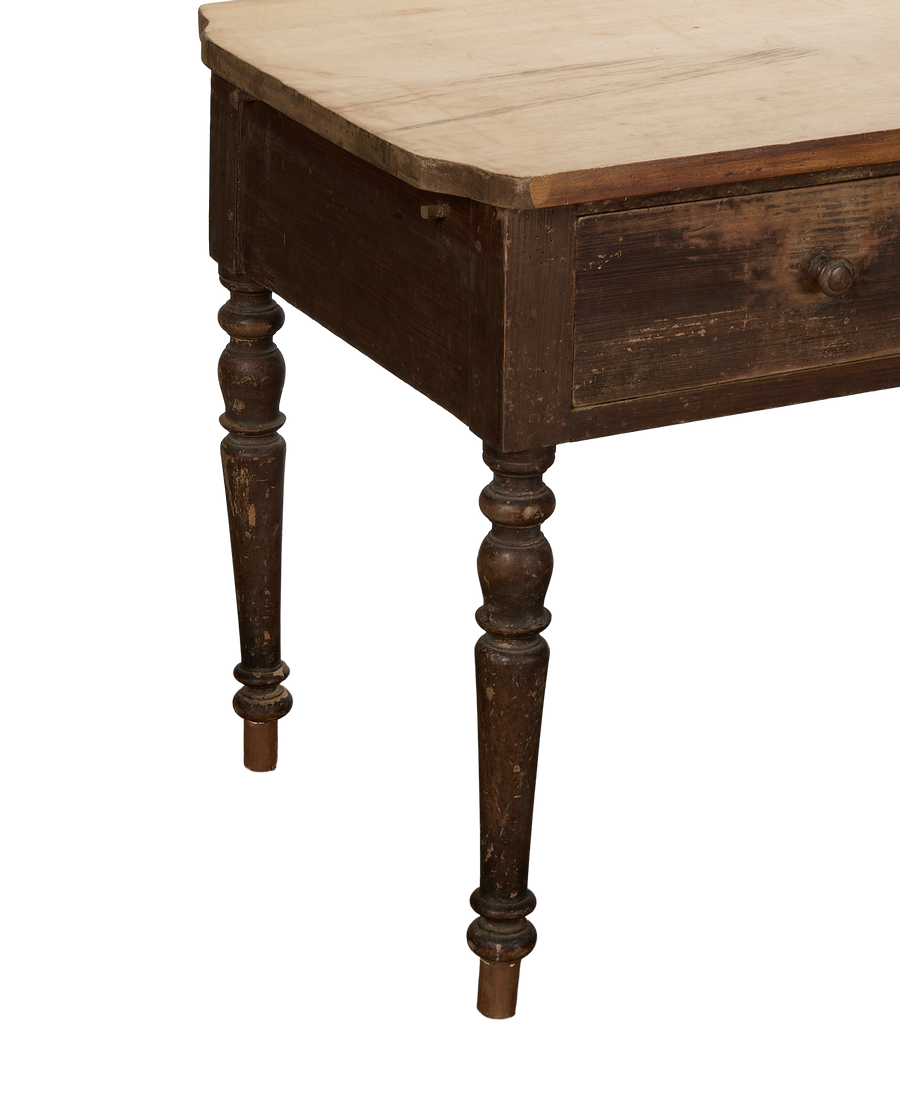 Vintage French oak kitchen island, detailed view of wood grain and turned leg, original condition.