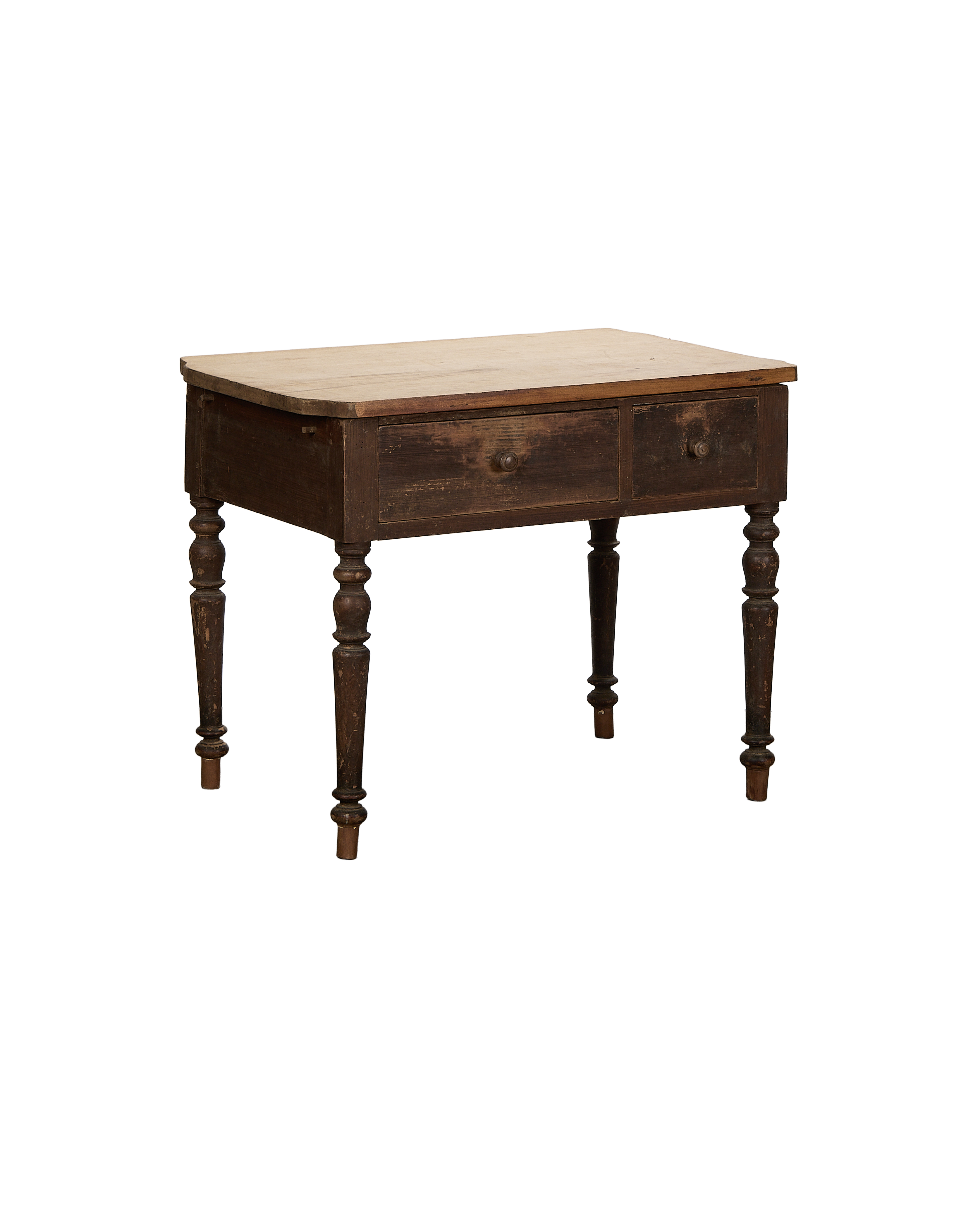 Vintage French oak kitchen island, light top, dark distressed base, two drawers, turned legs.