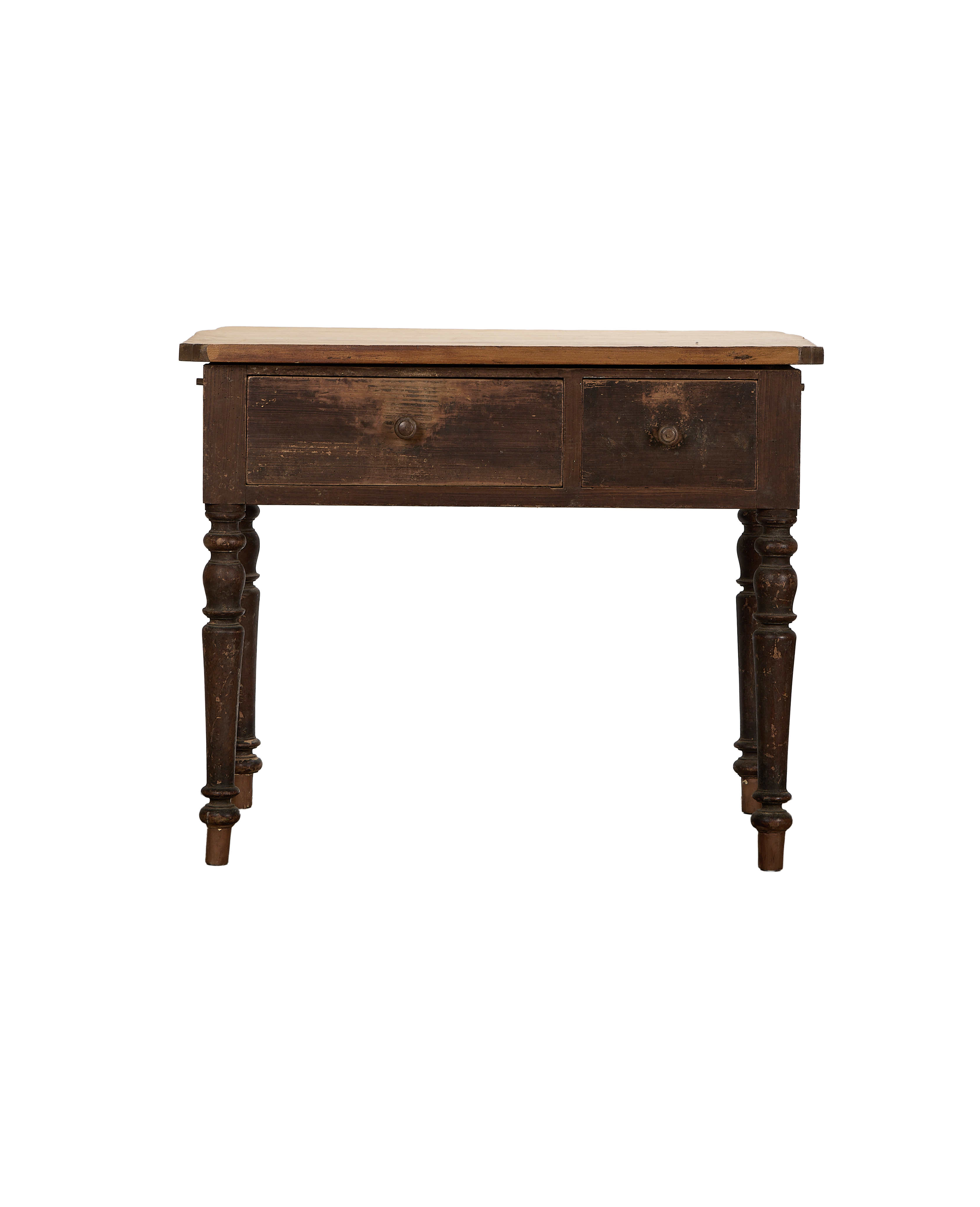 Vintage French oak kitchen island, front view, showing distressed dark wood and turned legs.
