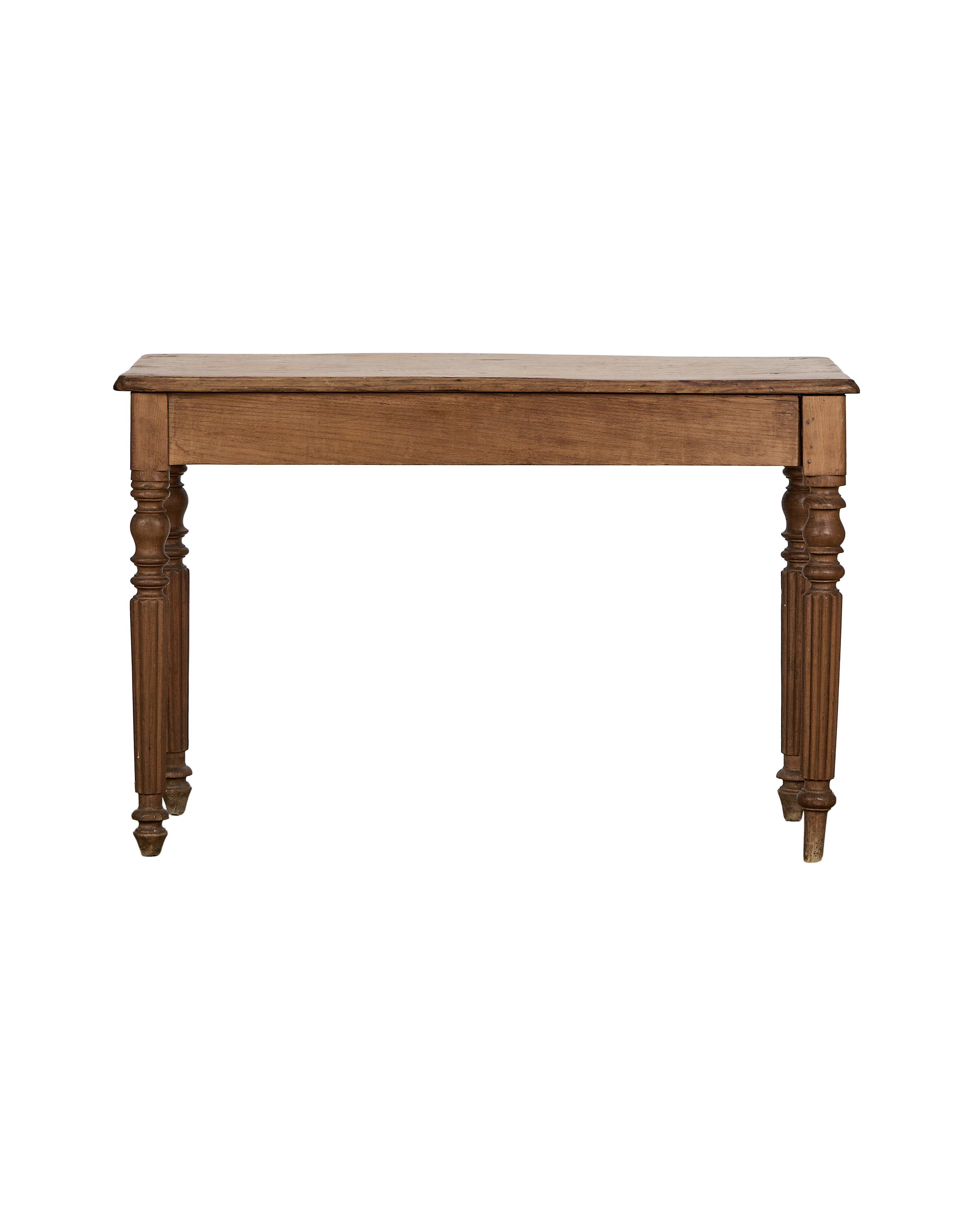 Vintage French oak farm table, showing detailed turned and fluted legs.
