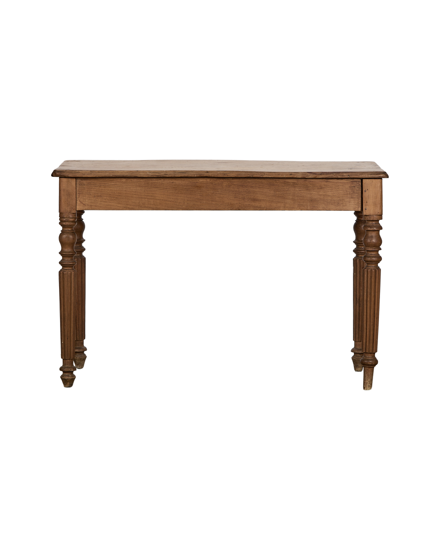 Vintage French oak farm table, showing detailed turned and fluted legs.