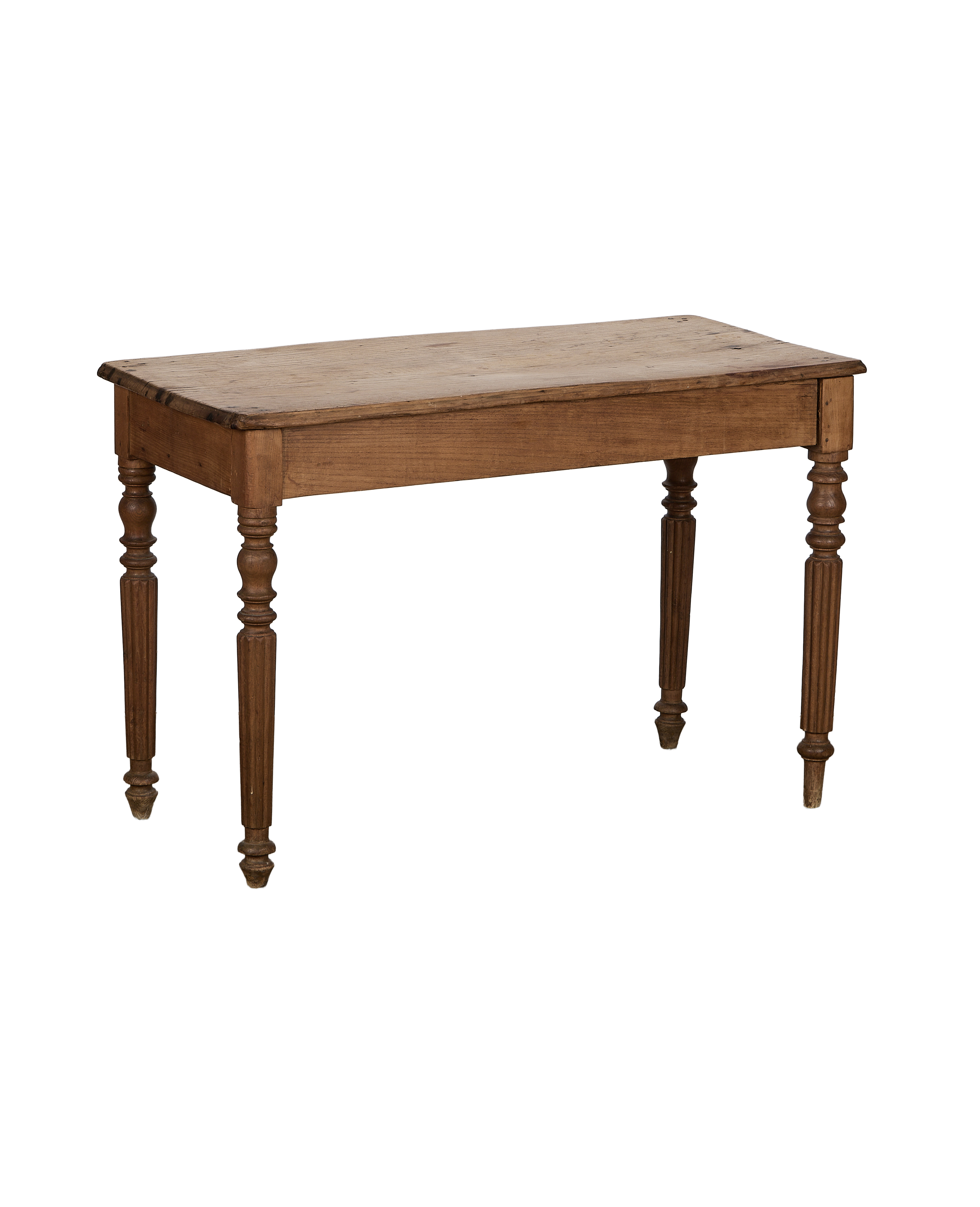 Vintage French oak farm table, light brown wood, with turned, fluted legs.