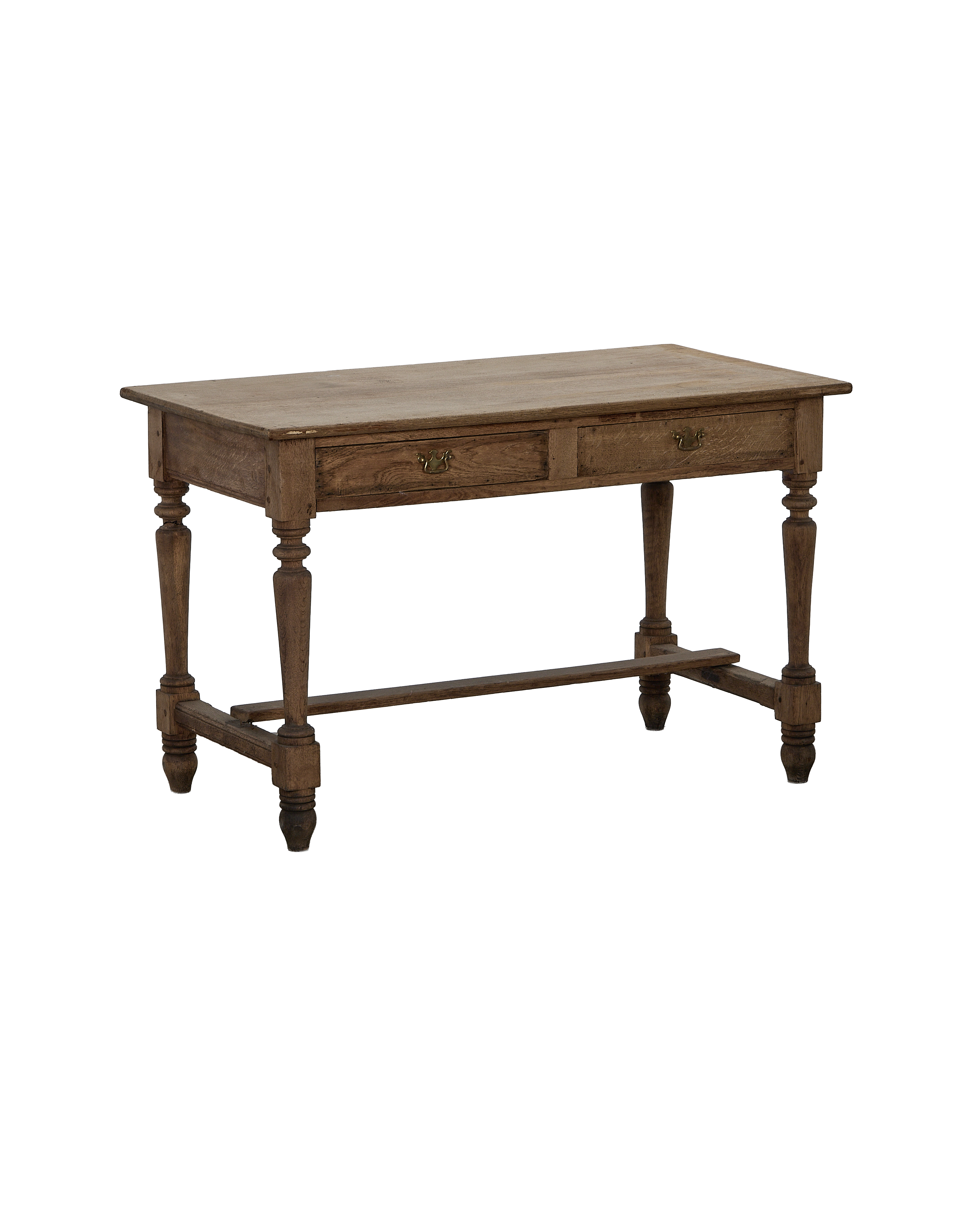 Vintage French oak farm table, light wood finish, with two drawers and brass pulls.