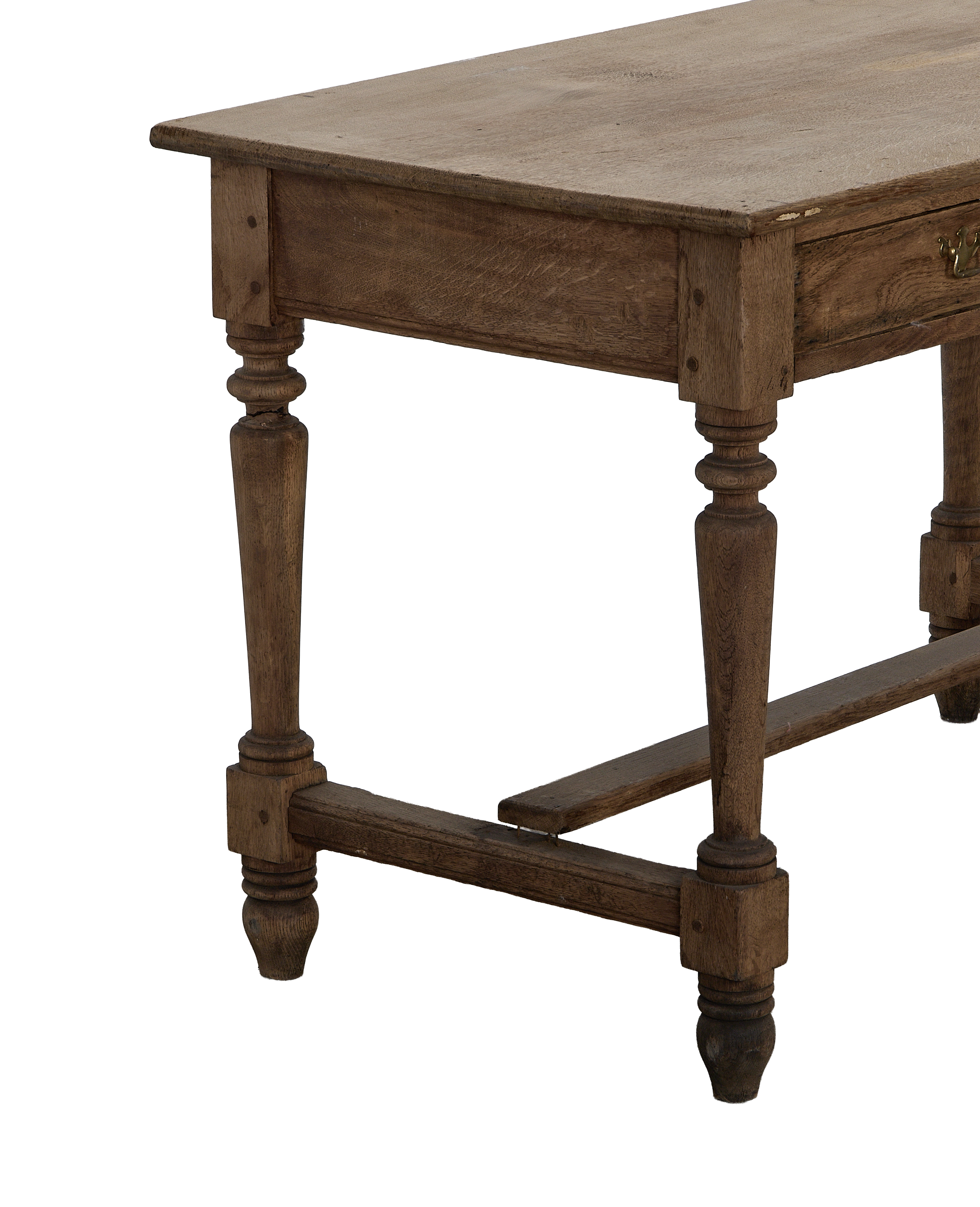 Vintage French oak farm table, showing distressed wood, curved legs, and stretcher details.