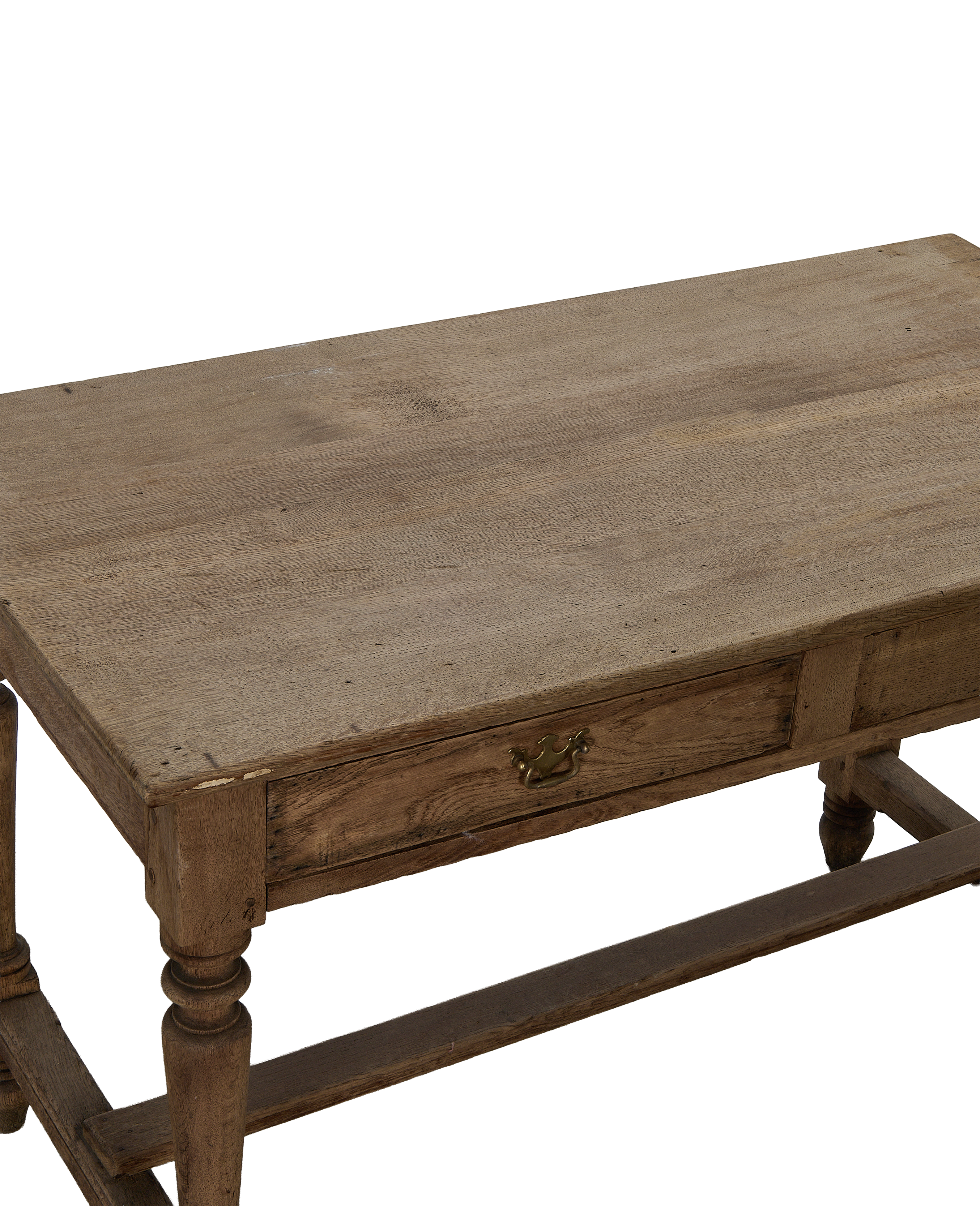 Vintage French oak farm table, showing distressed wooden top and single drawer with brass pull.