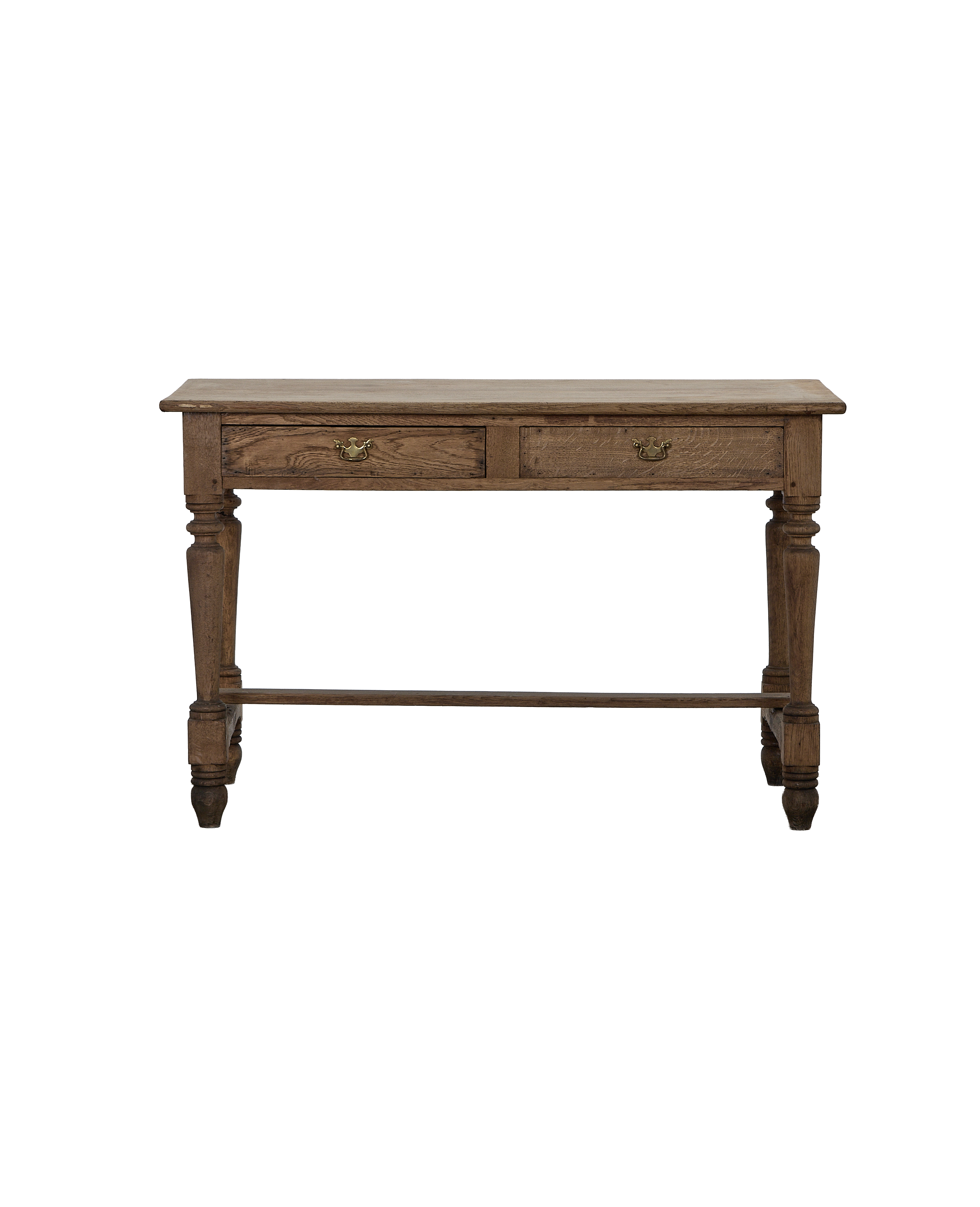 Vintage oak farm table from France, showing ornate brass drawer pulls.