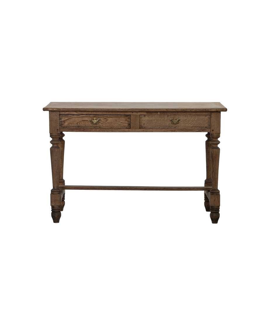Vintage oak farm table from France, showing ornate brass drawer pulls.