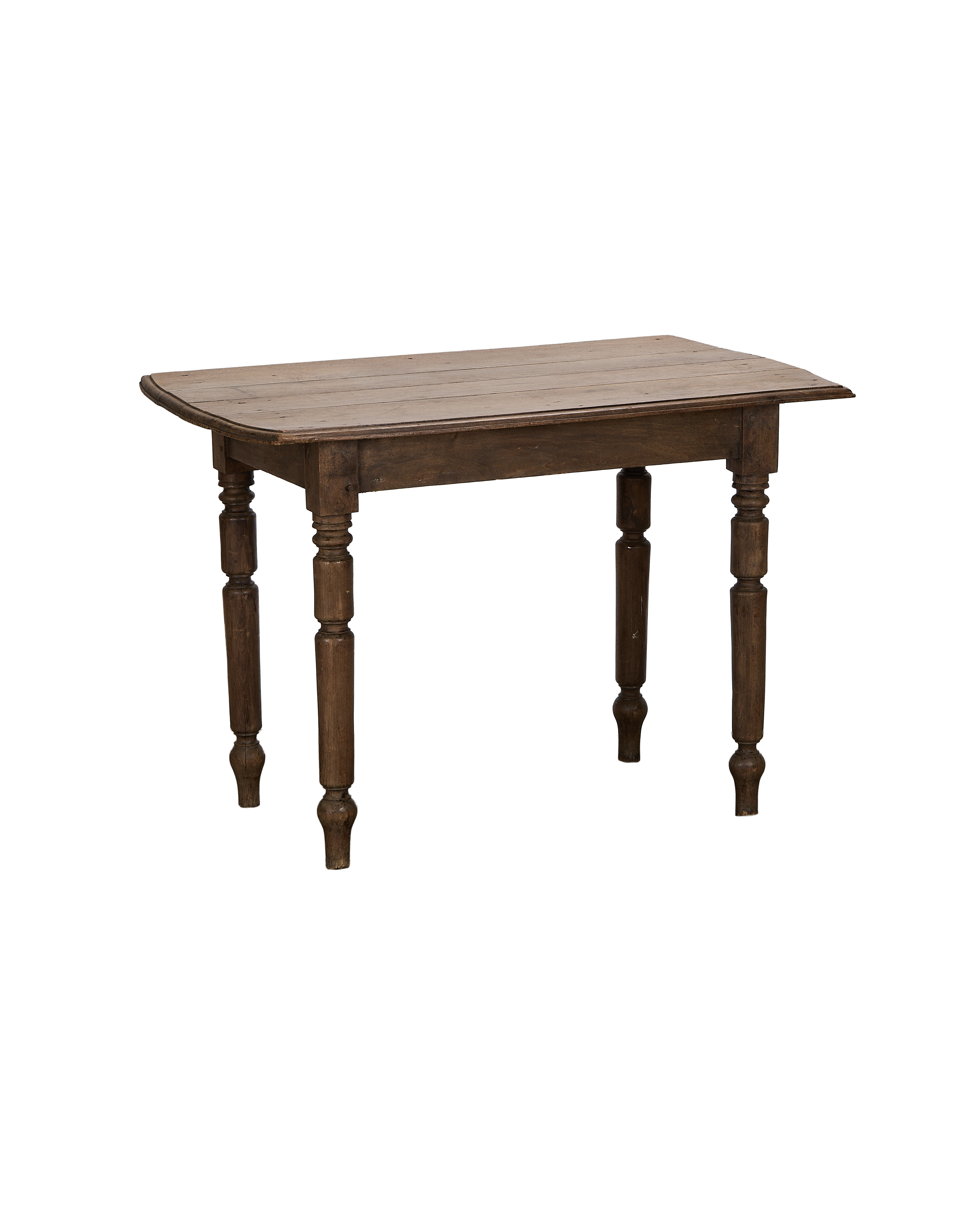Vintage French oak farm table, a rustic brown finish with turned legs.