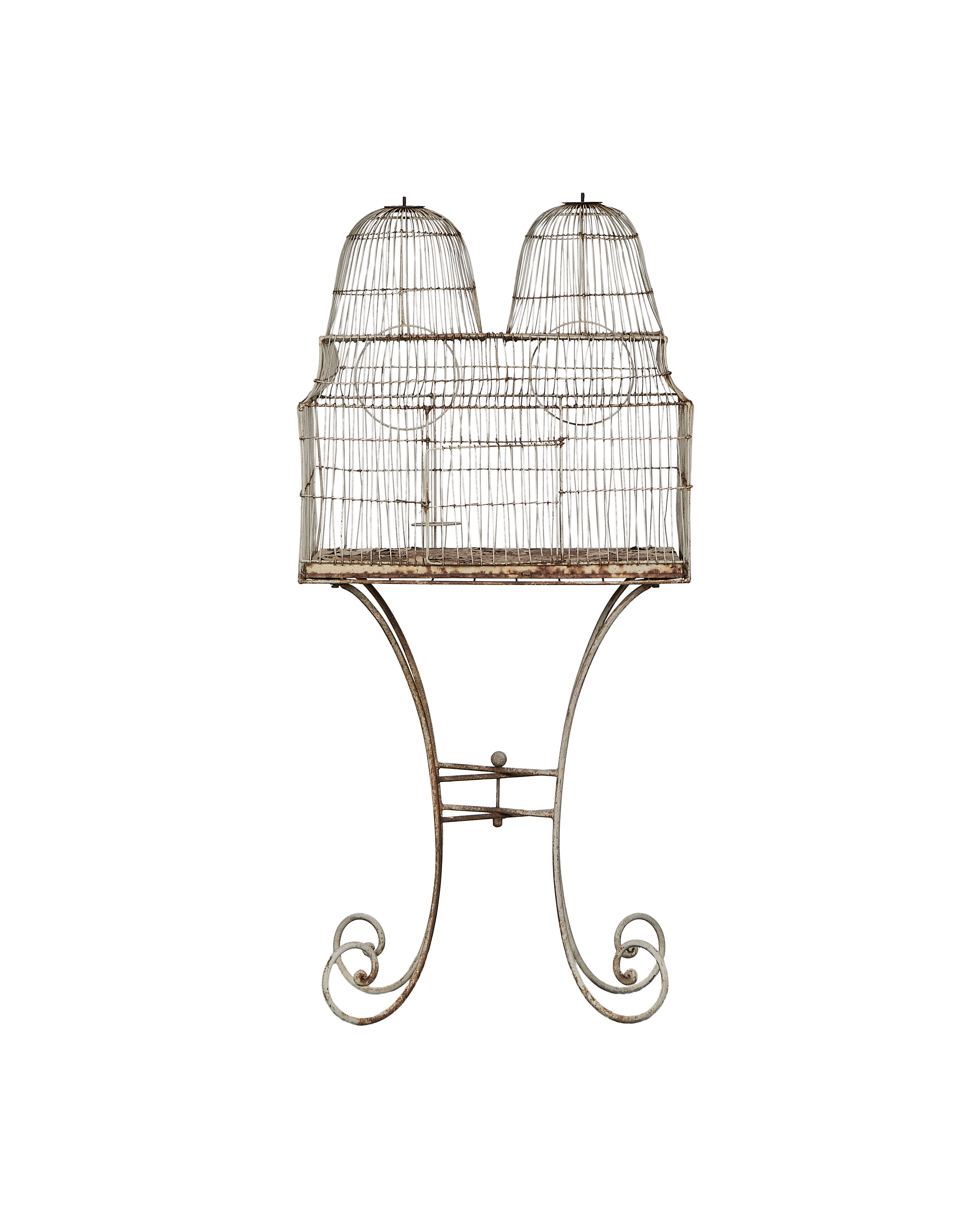 Vintage French twin dome oak bird cage with distressed white metal stand.