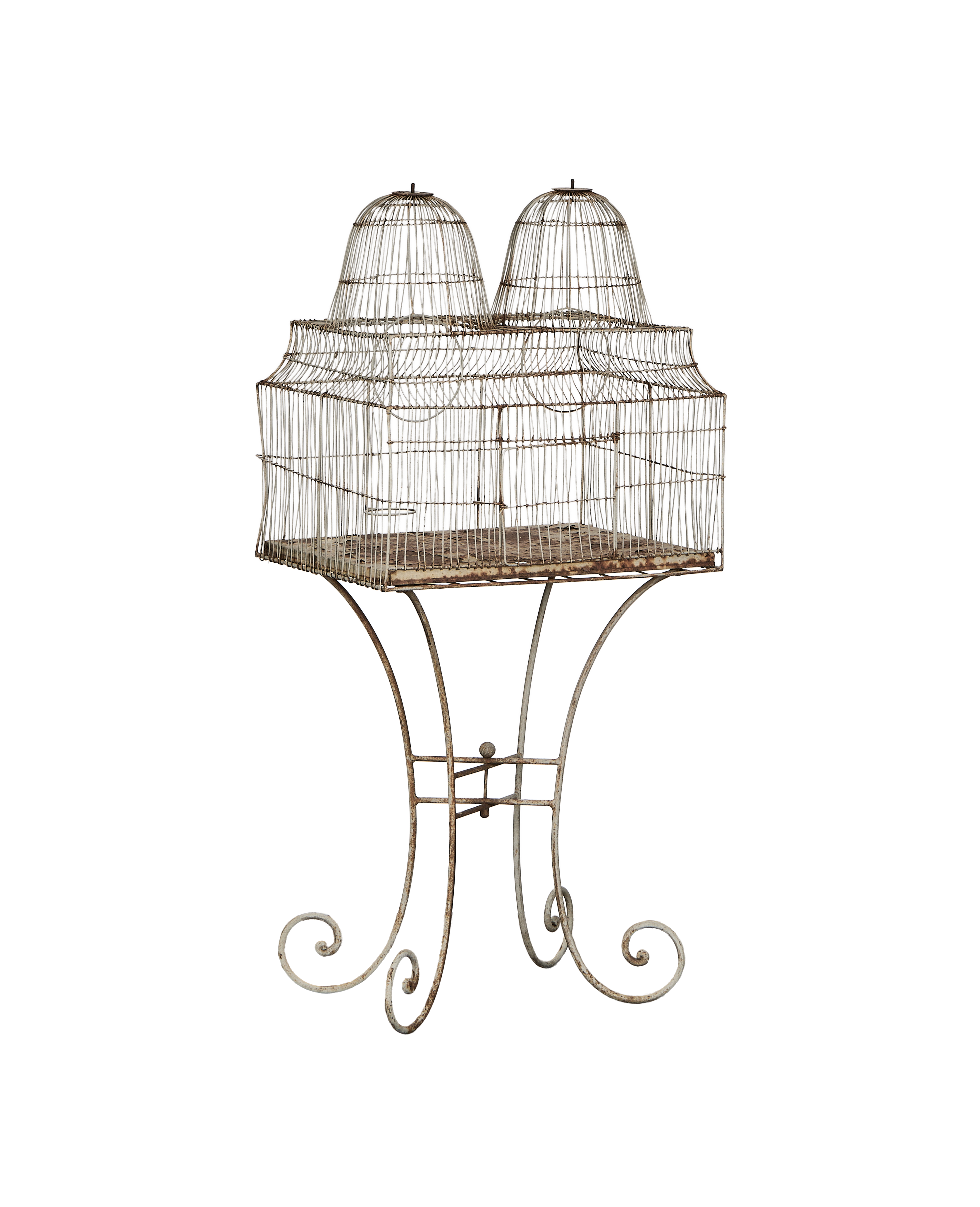 Vintage French twin dome bird cage, oak, mounted on an ornate wrought iron stand.
