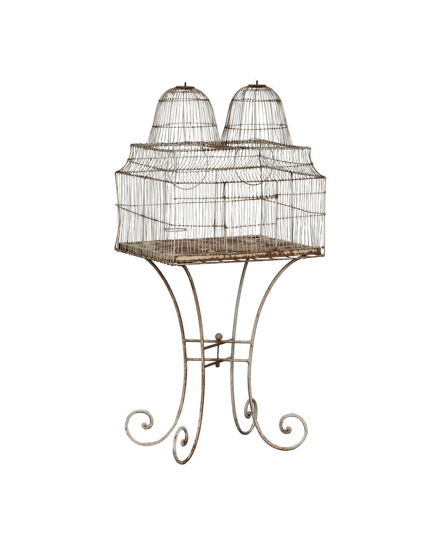 Vintage French twin dome bird cage, oak, mounted on an ornate wrought iron stand.