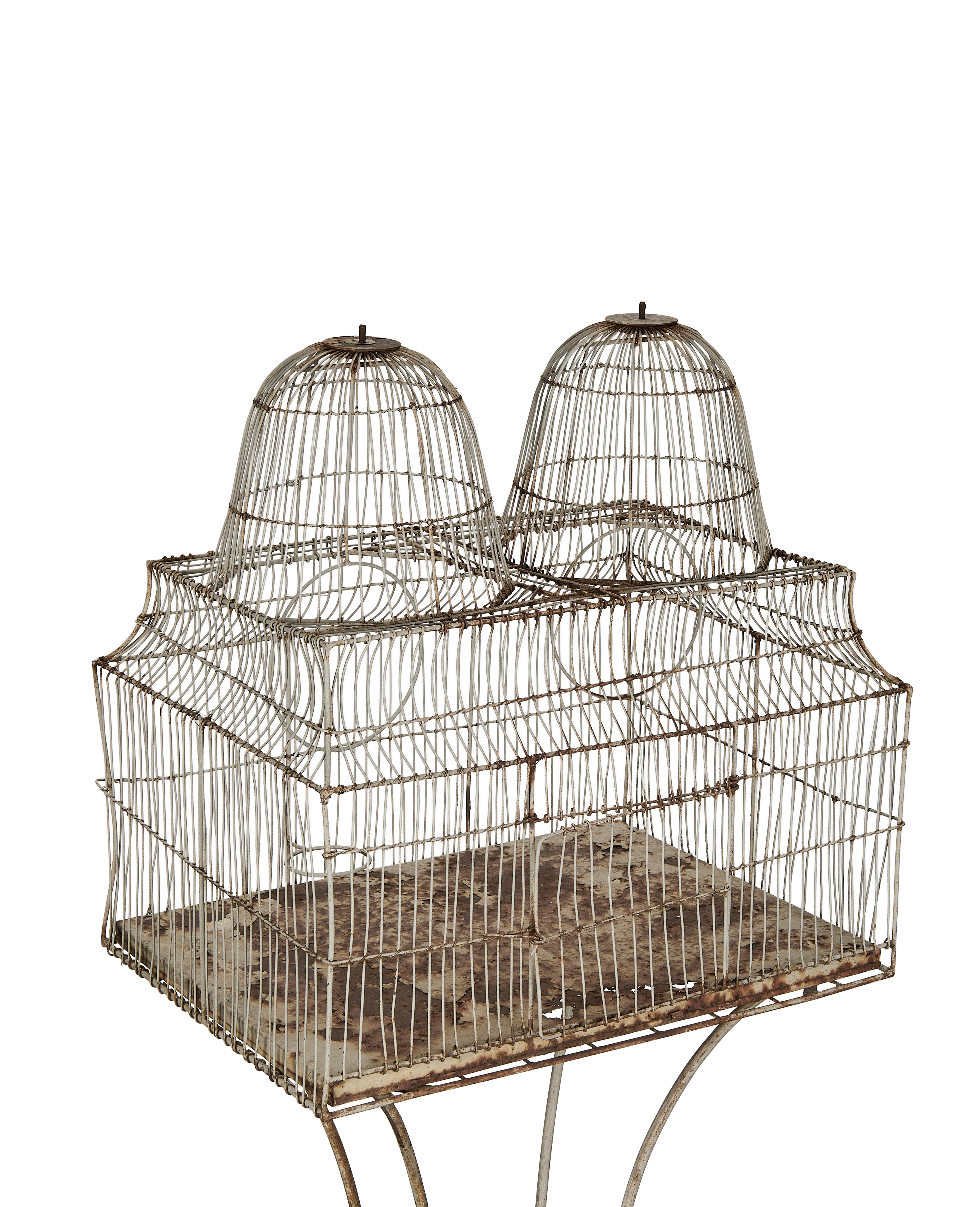 Vintage twin dome bird cage, French oak, showing rusty distressed paint and base.