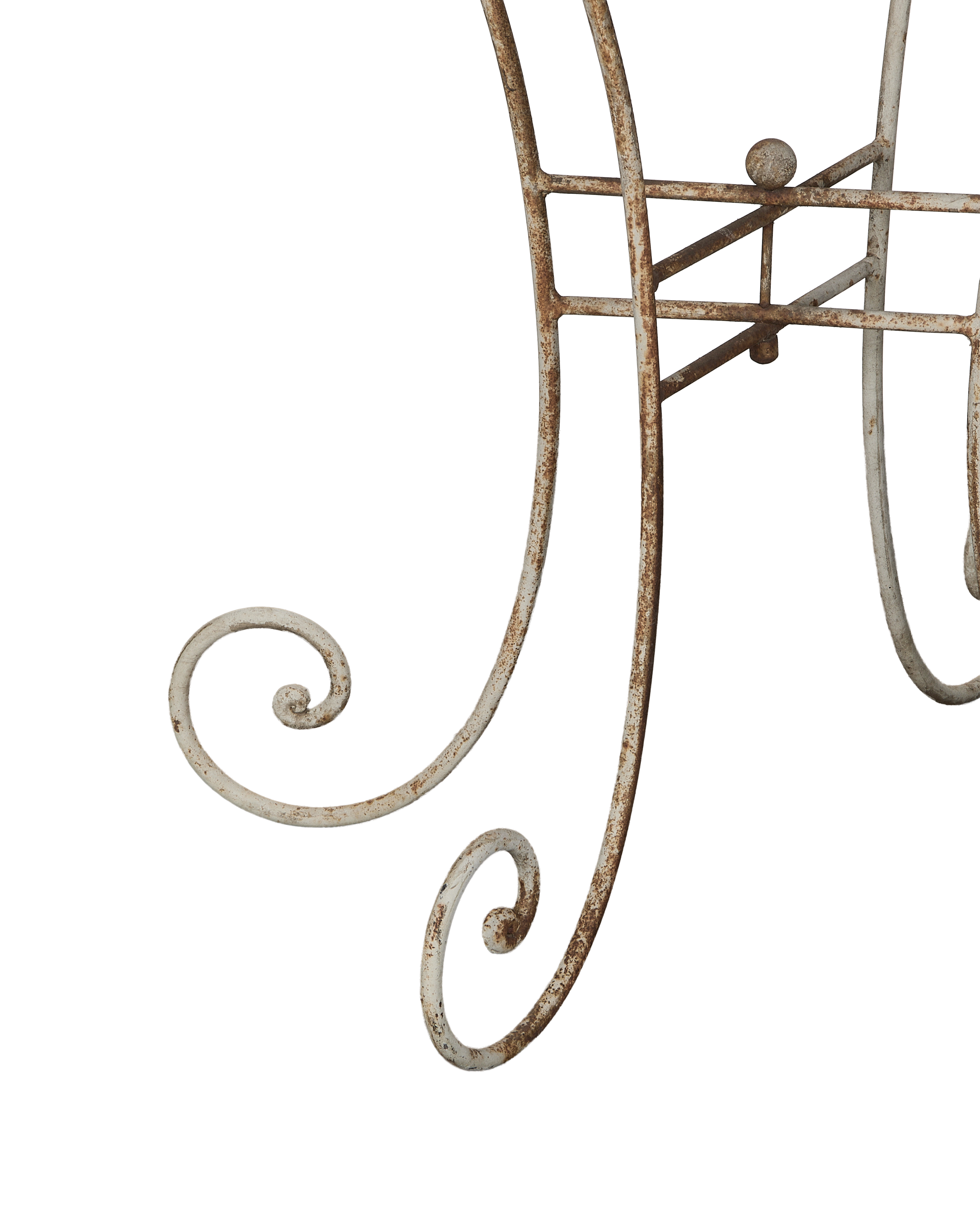 Vintage French Twin Dome Bird Cage, detailed close-up of decorative weathered metal scrollwork and rust.