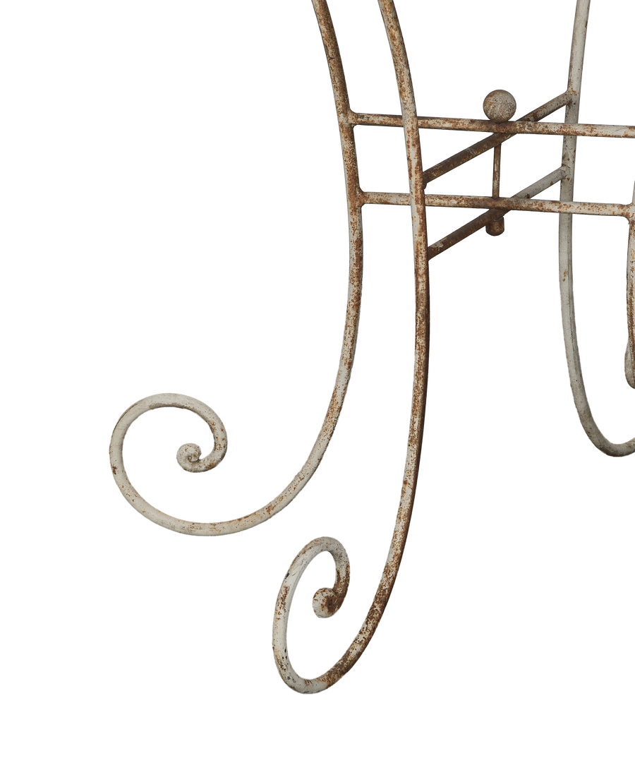 Vintage French Twin Dome Bird Cage, detailed close-up of decorative weathered metal scrollwork and rust.
