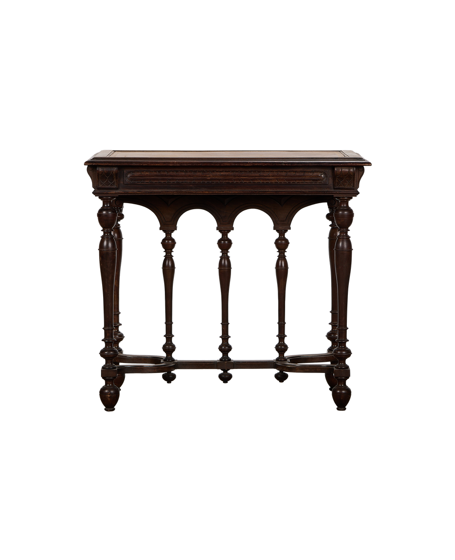 Vintage French oak console table, front view displaying carved apron and six turned legs.