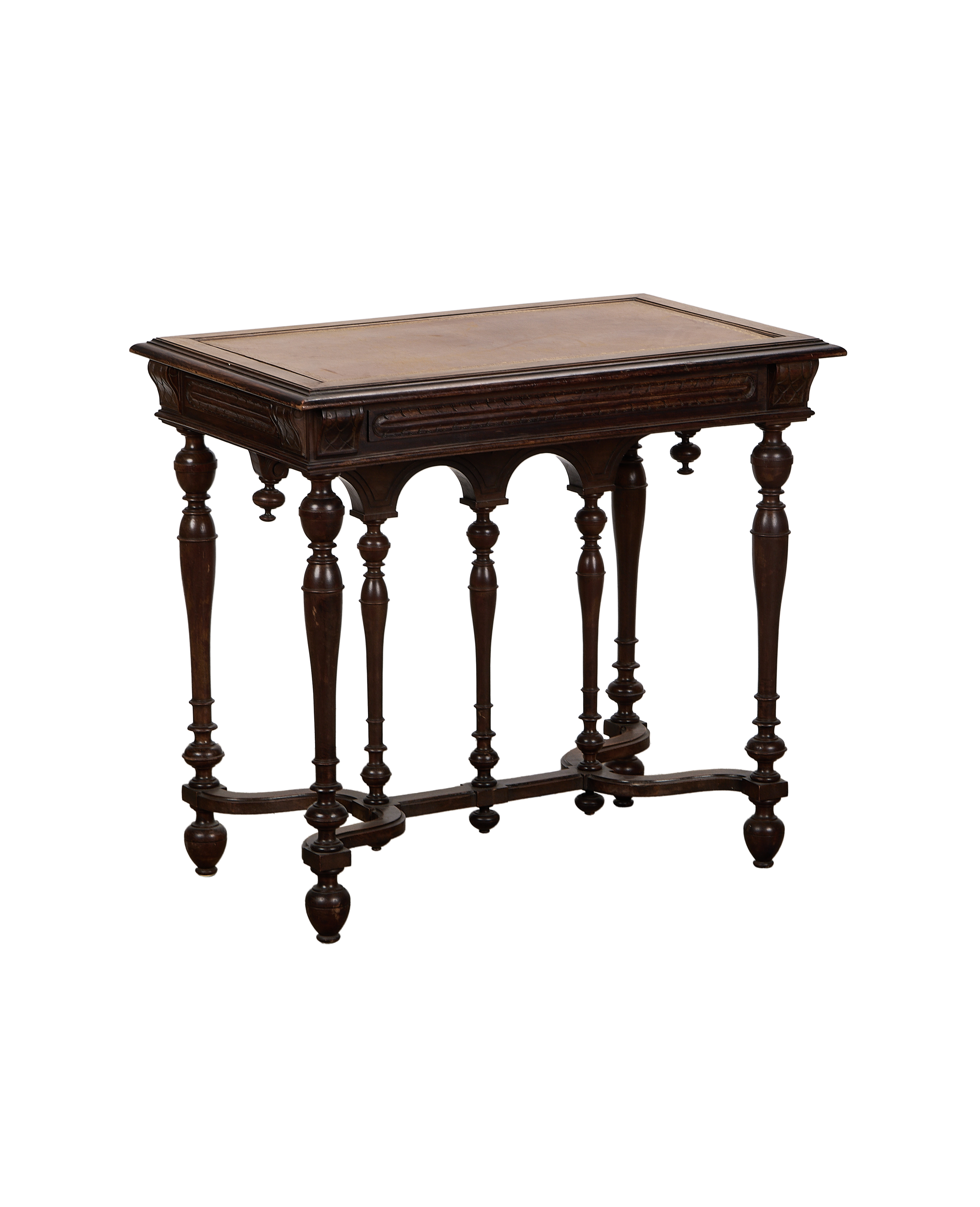 Vintage French oak console table, dark wood, ornate carved apron, turned legs.
