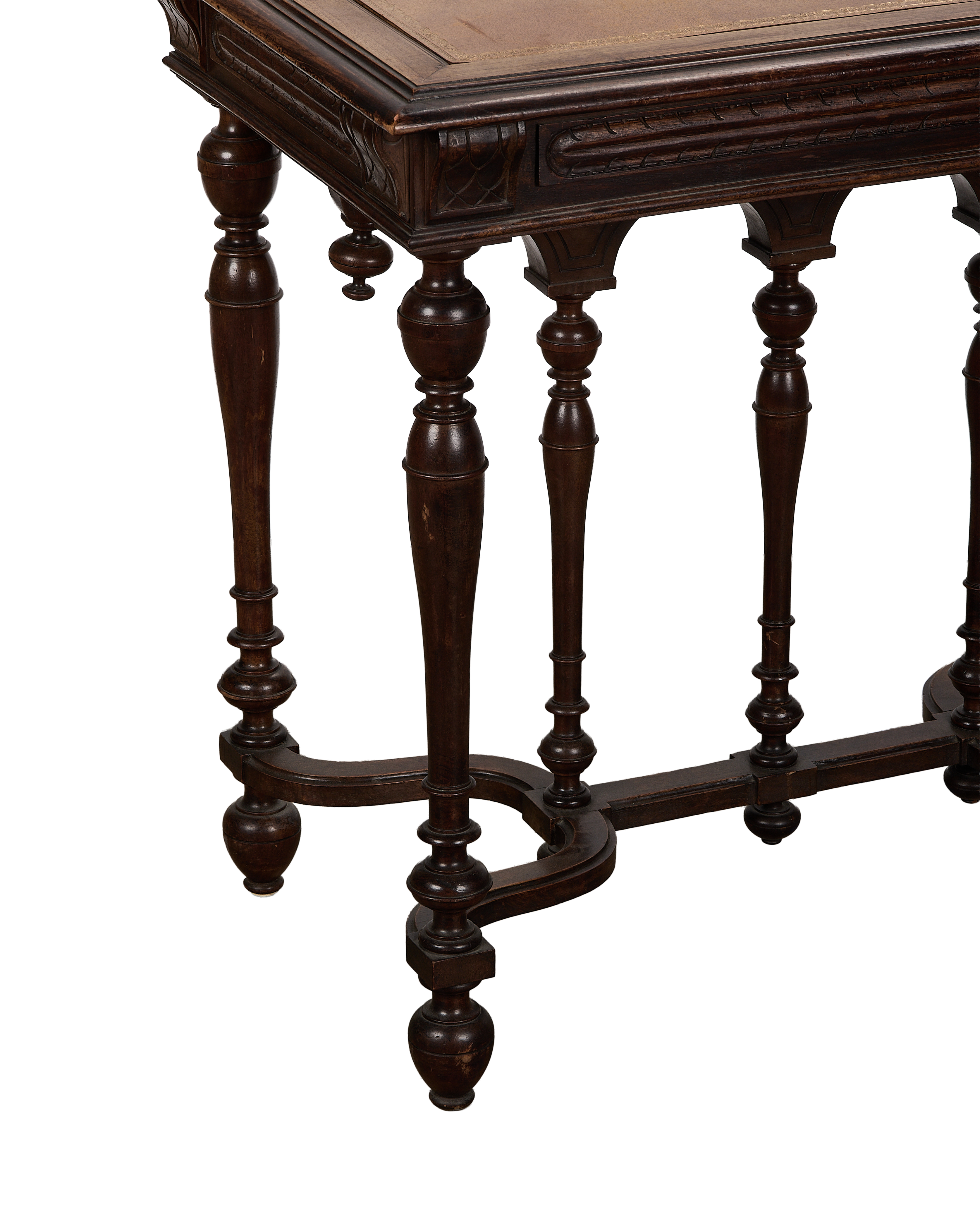 Vintage French oak console table, detailed carved skirt, turned legs, and curved stretcher.