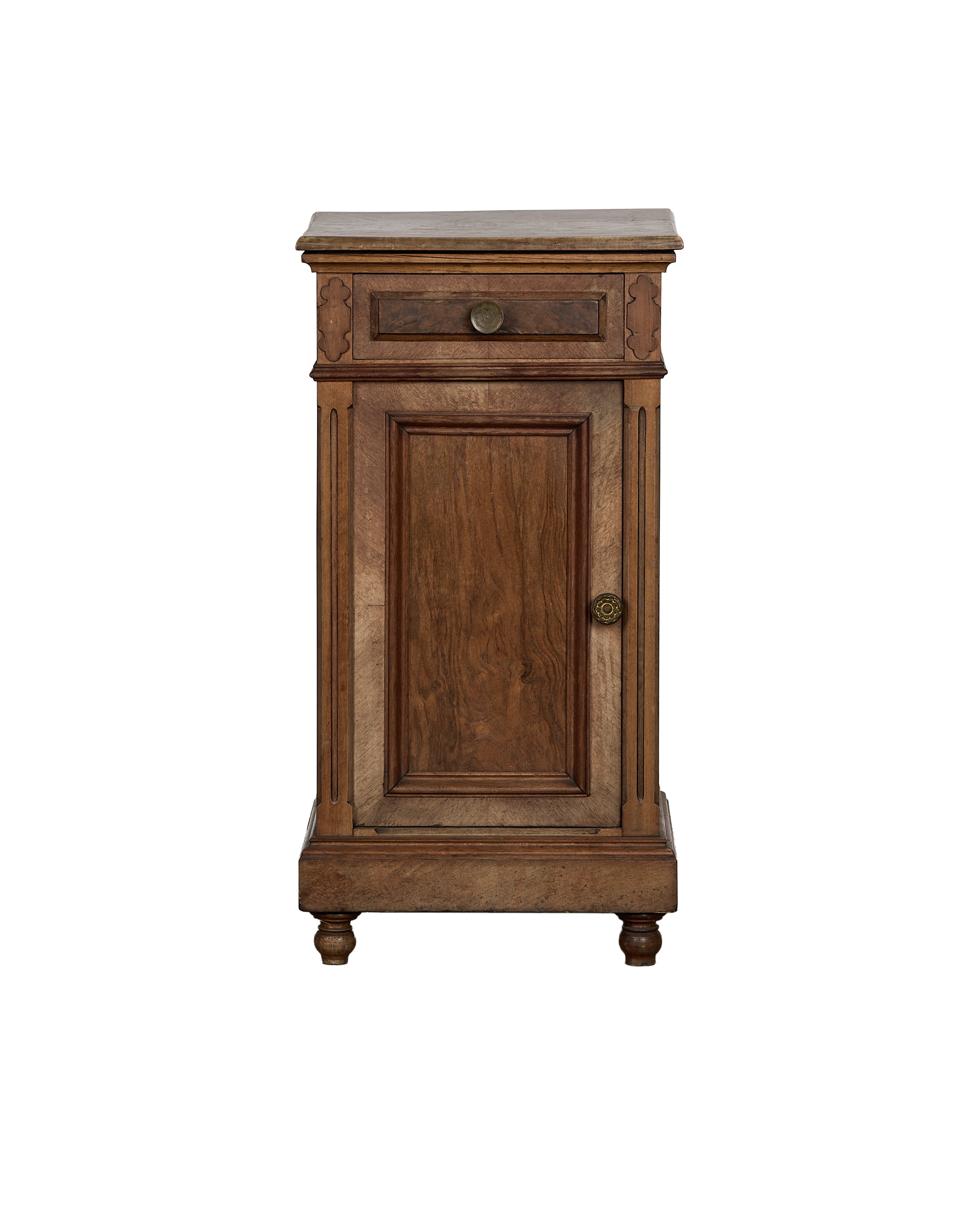 Vintage French oak nightstand, single drawer, cabinet, round brass pulls, carved accents, turned feet.