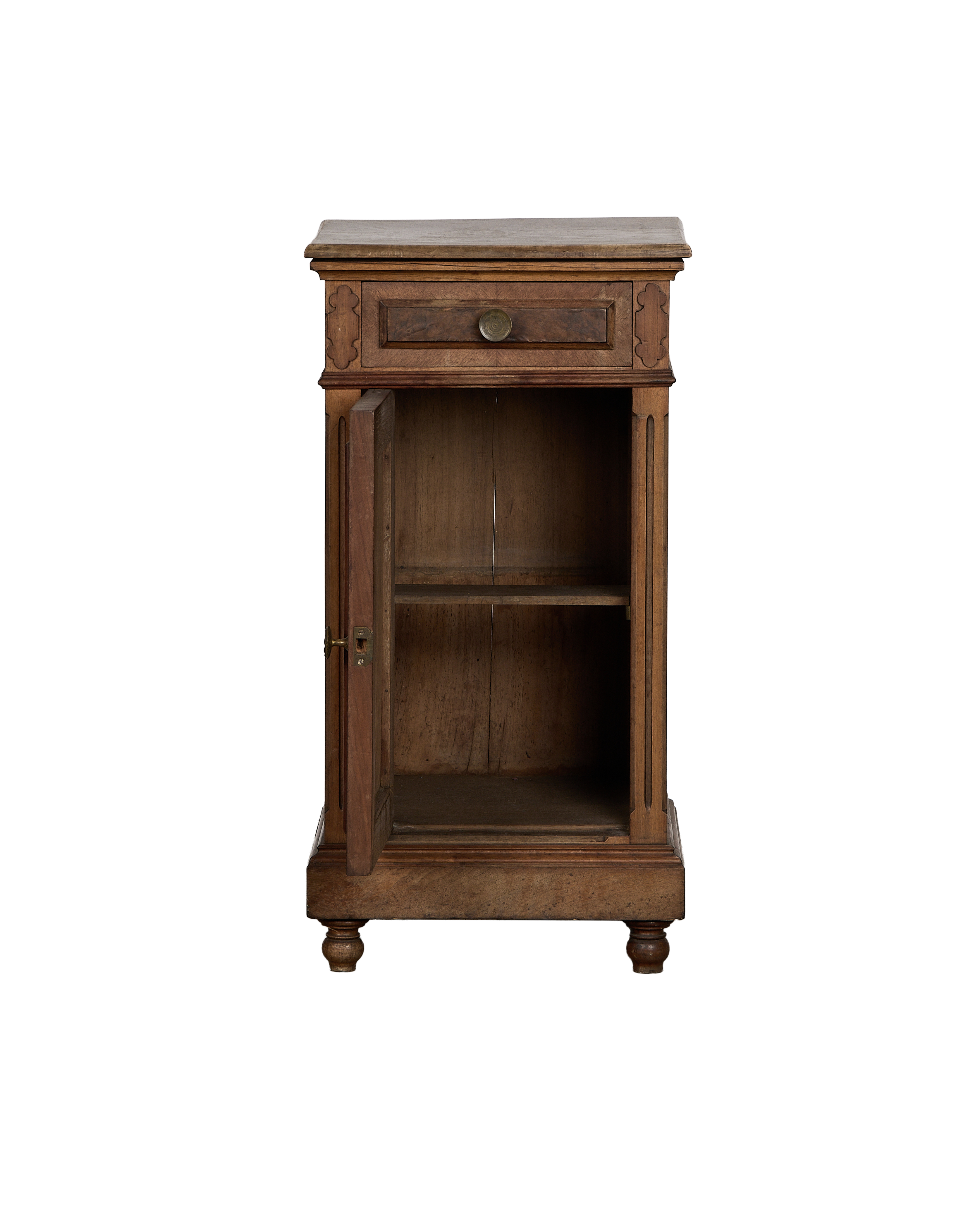 Vintage French oak nightstand, cabinet door open revealing interior shelf and distressed wood finish.