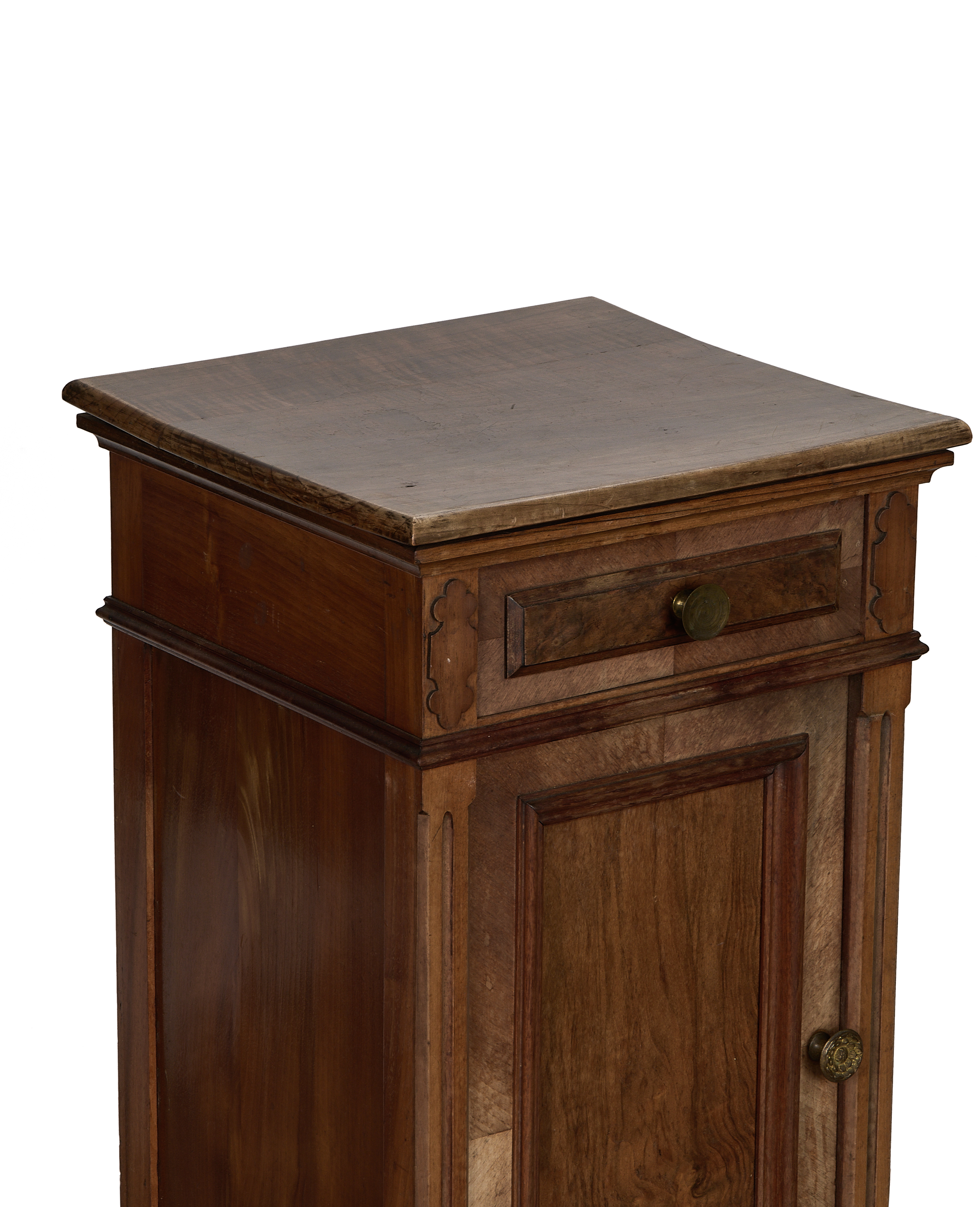 Vintage French oak nightstand, visible top and side details, rich wood grain, drawer and cupboard.