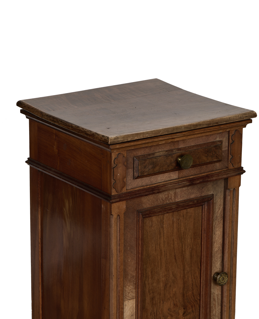 Vintage French oak nightstand, visible top and side details, rich wood grain, drawer and cupboard.