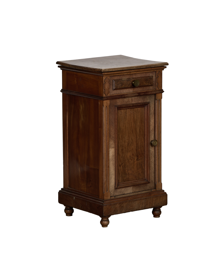 Vintage French oak nightstand, full view angled to showcase brass hardware and spindle feet.