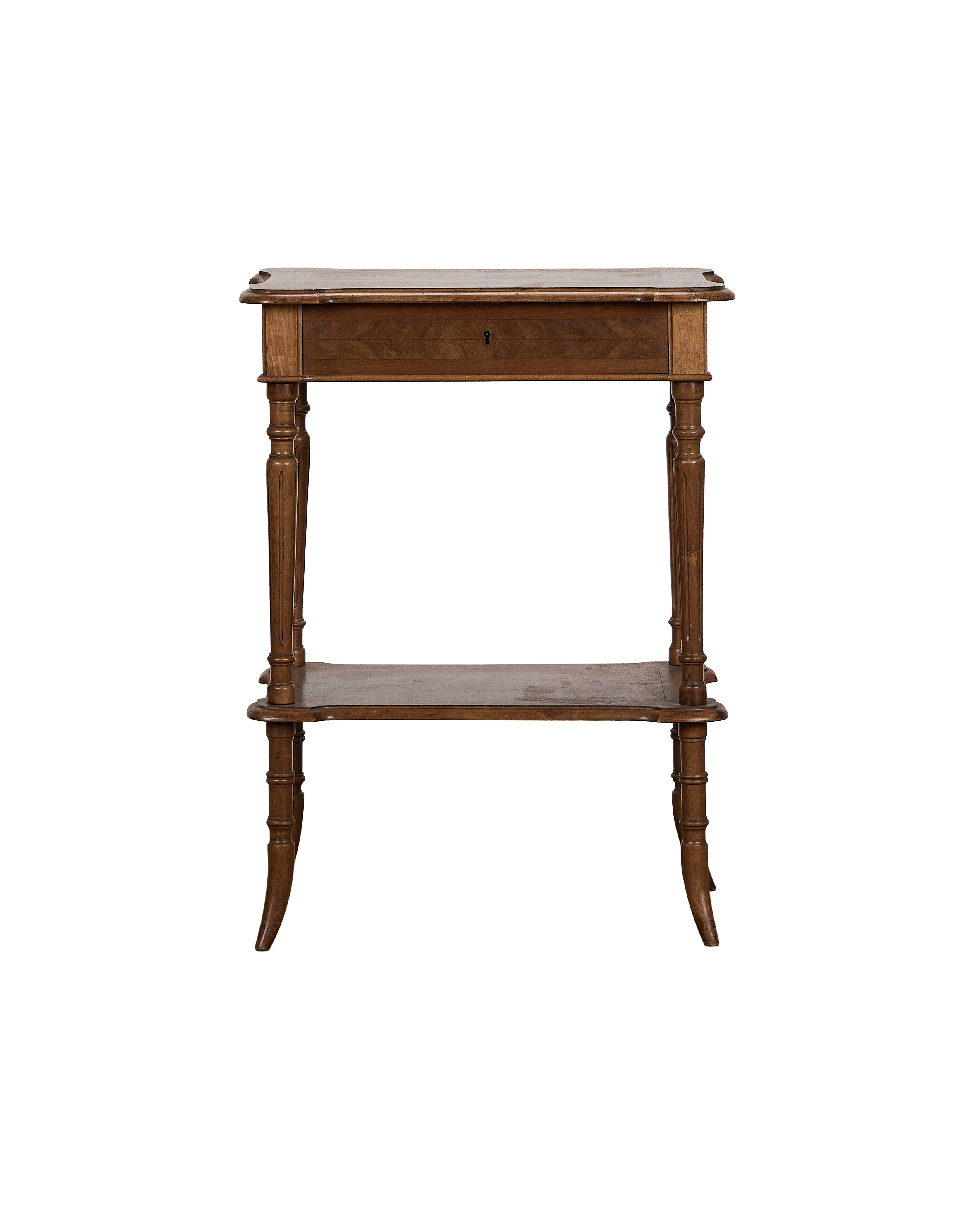 Vintage French oak lift-top dressing table, full front view showing keyhole and lower shelf.