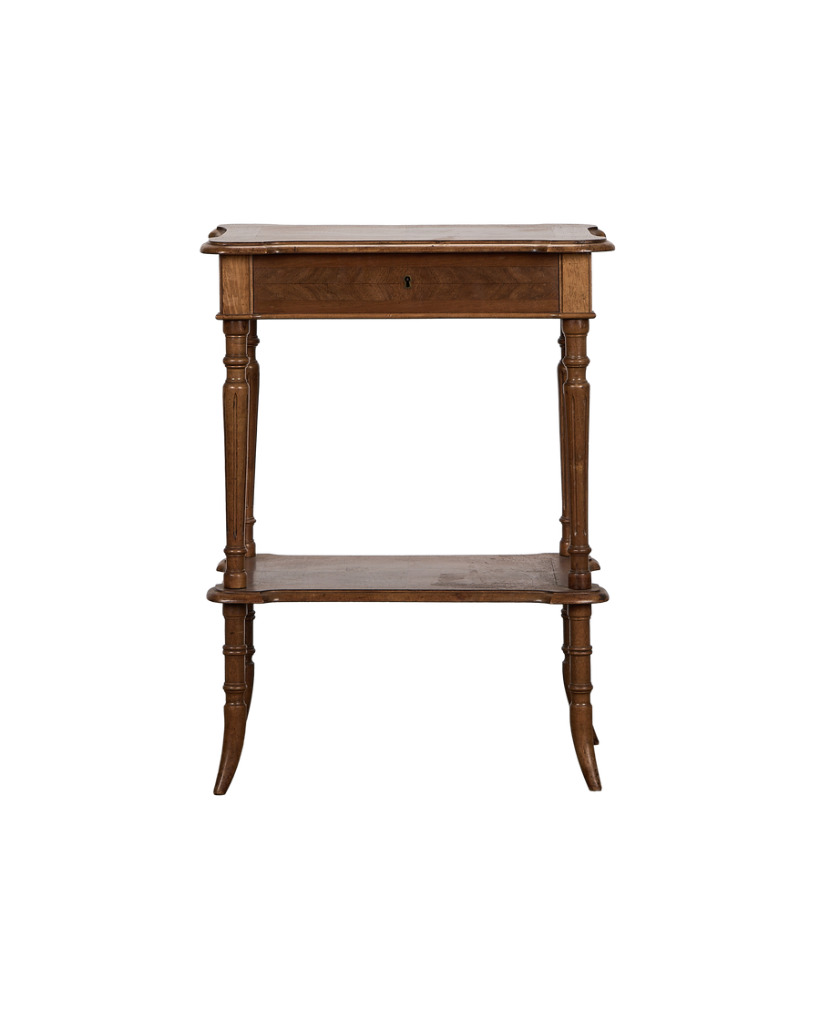 Vintage French oak lift-top dressing table, full front view showing keyhole and lower shelf.
