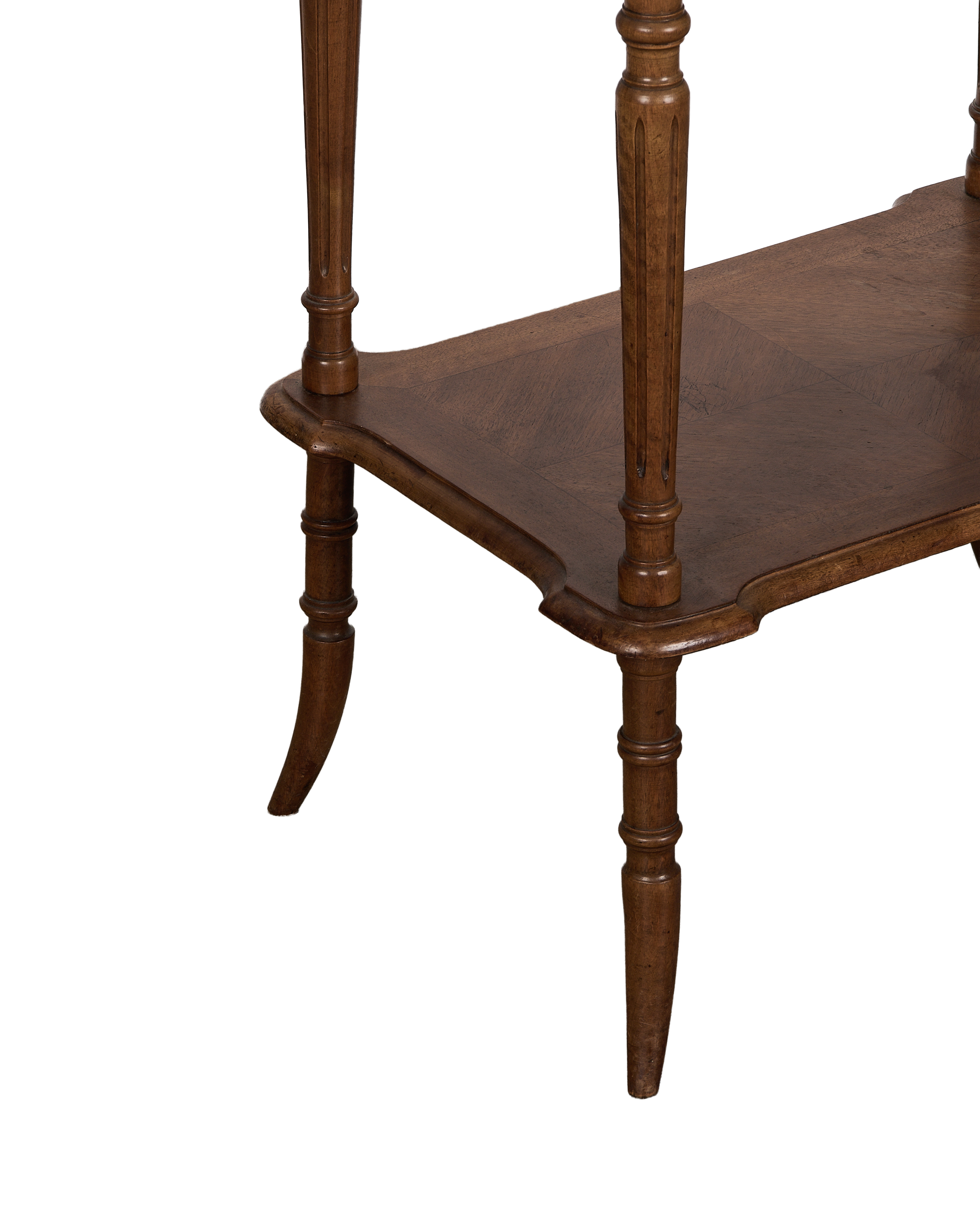 Vintage French oak dressing table, detail of carved baluster legs and base shelf.