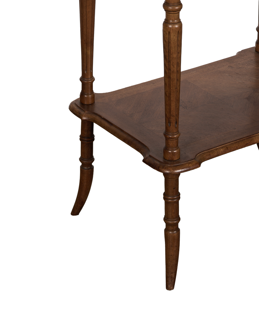 Vintage French oak dressing table, detail of carved baluster legs and base shelf.