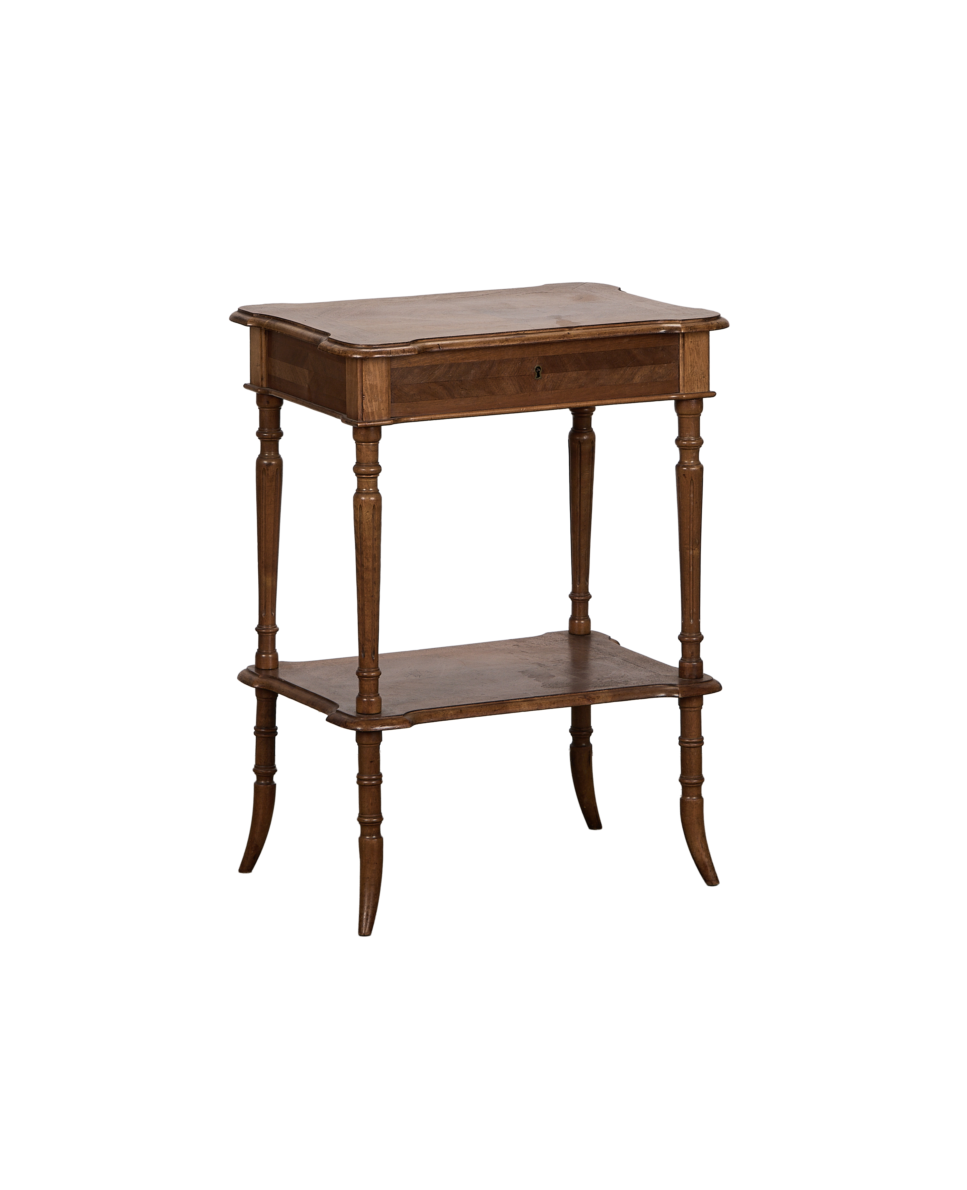 French vintage oak lift-top dressing table with turned legs and lower shelf.