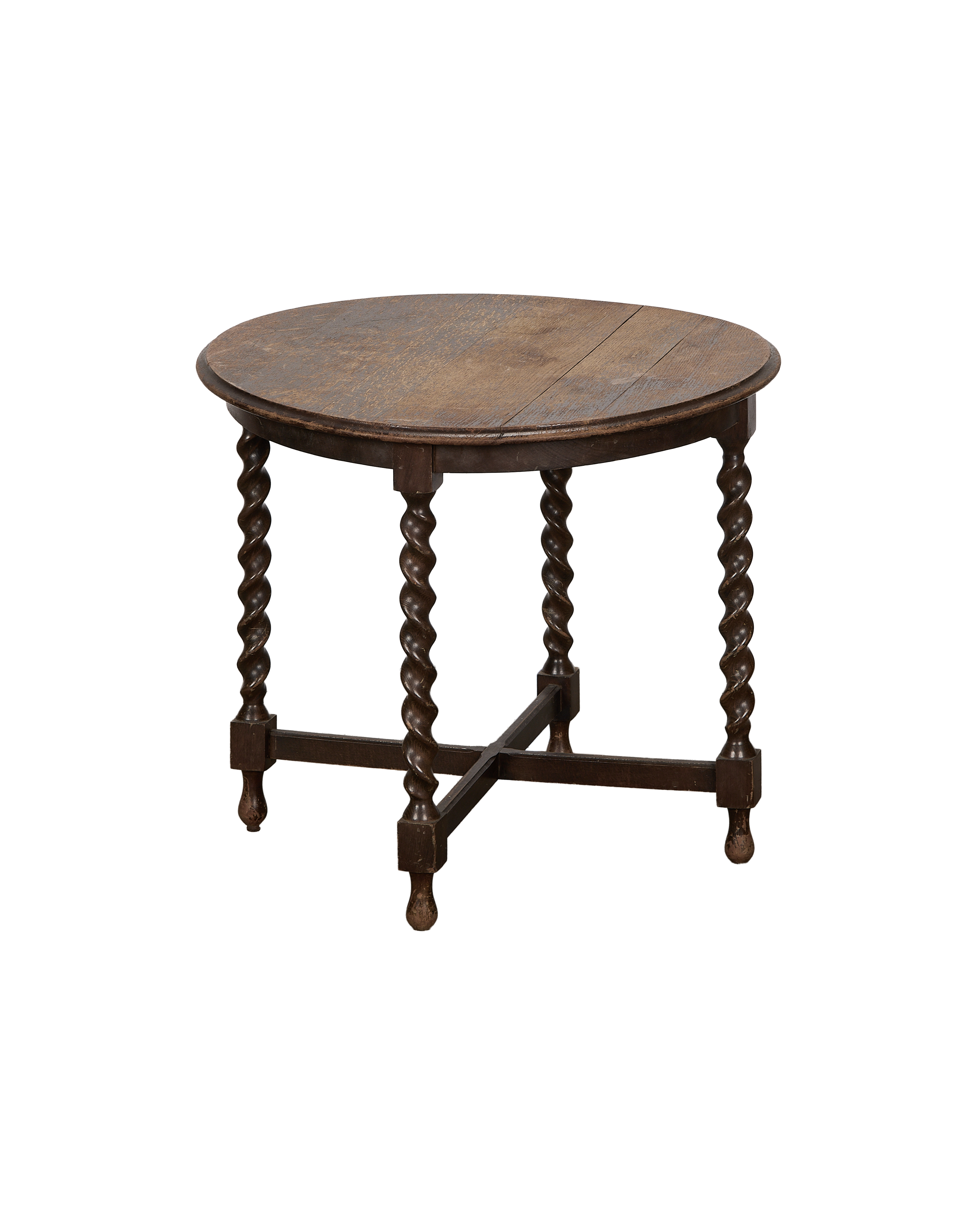 Vintage French Oak Barley Twist Side Table, round hinged top, dark aged wood.