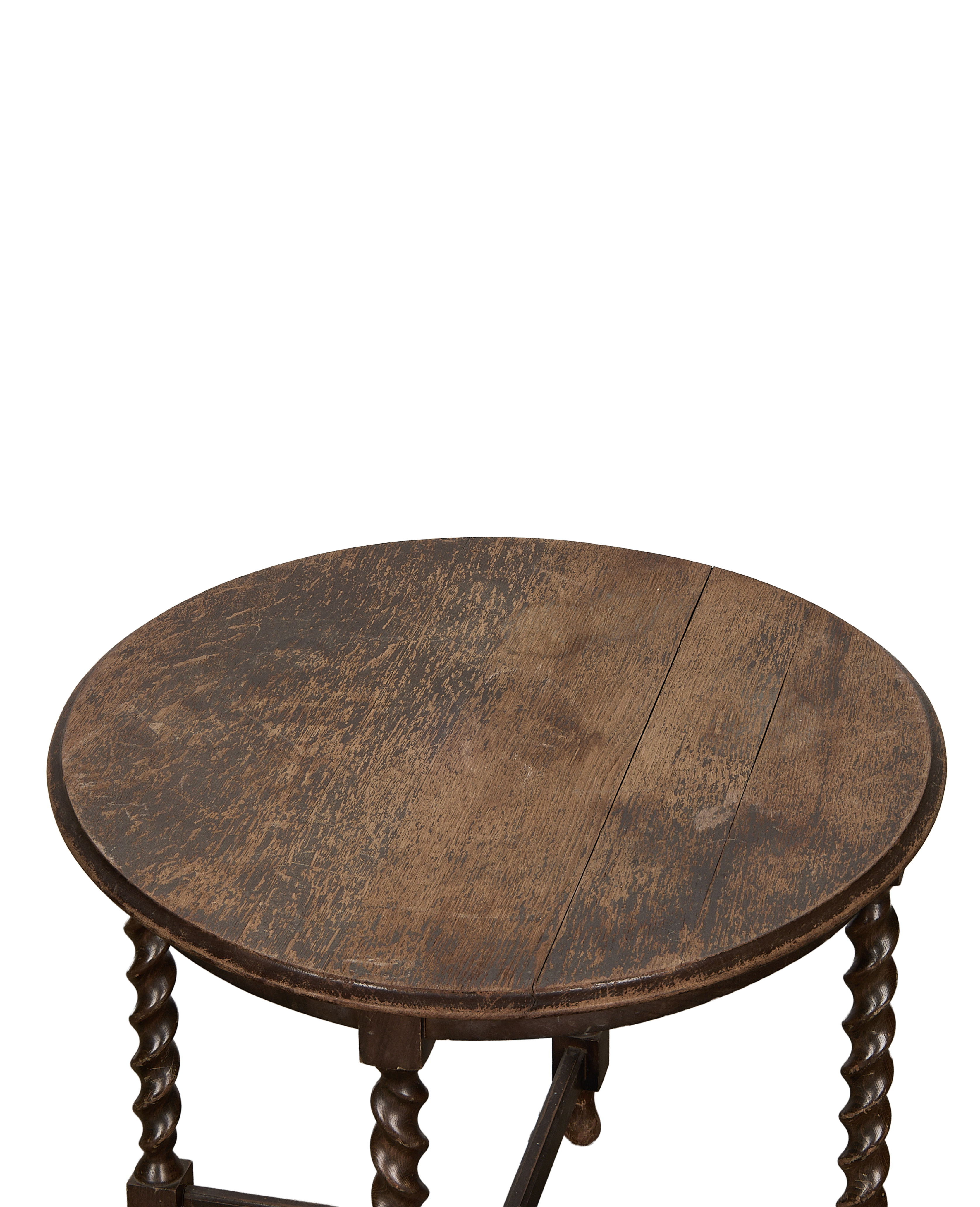 Vintage French oak barley twist side table, close-up of distressed round tabletop.