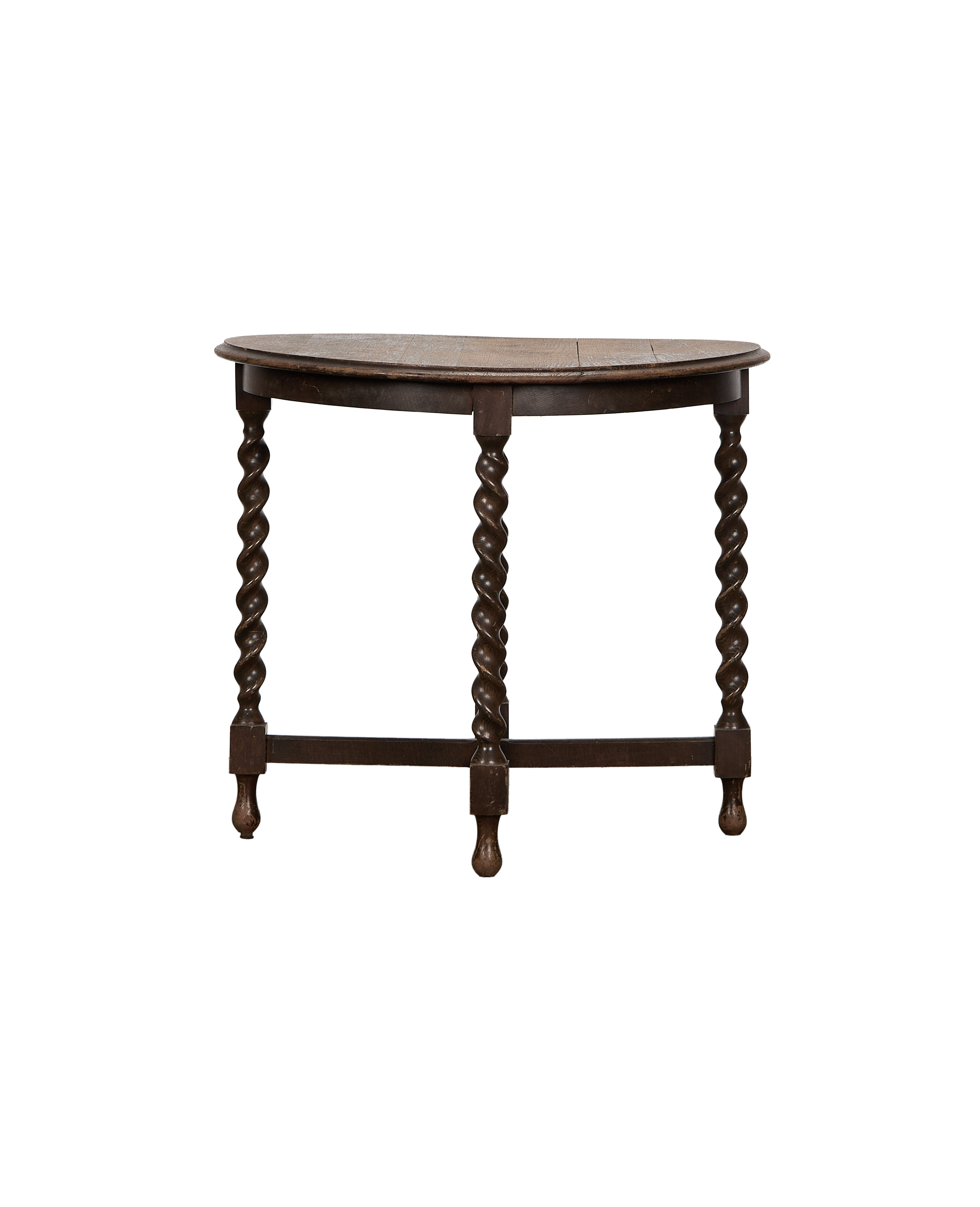 Vintage French oak Barley Twist side table, showing full front view of semi-circular top.