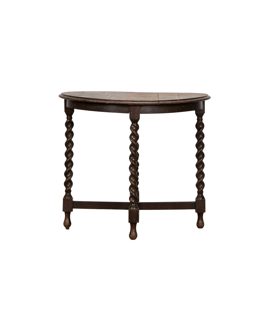 Vintage French oak Barley Twist side table, showing full front view of semi-circular top.