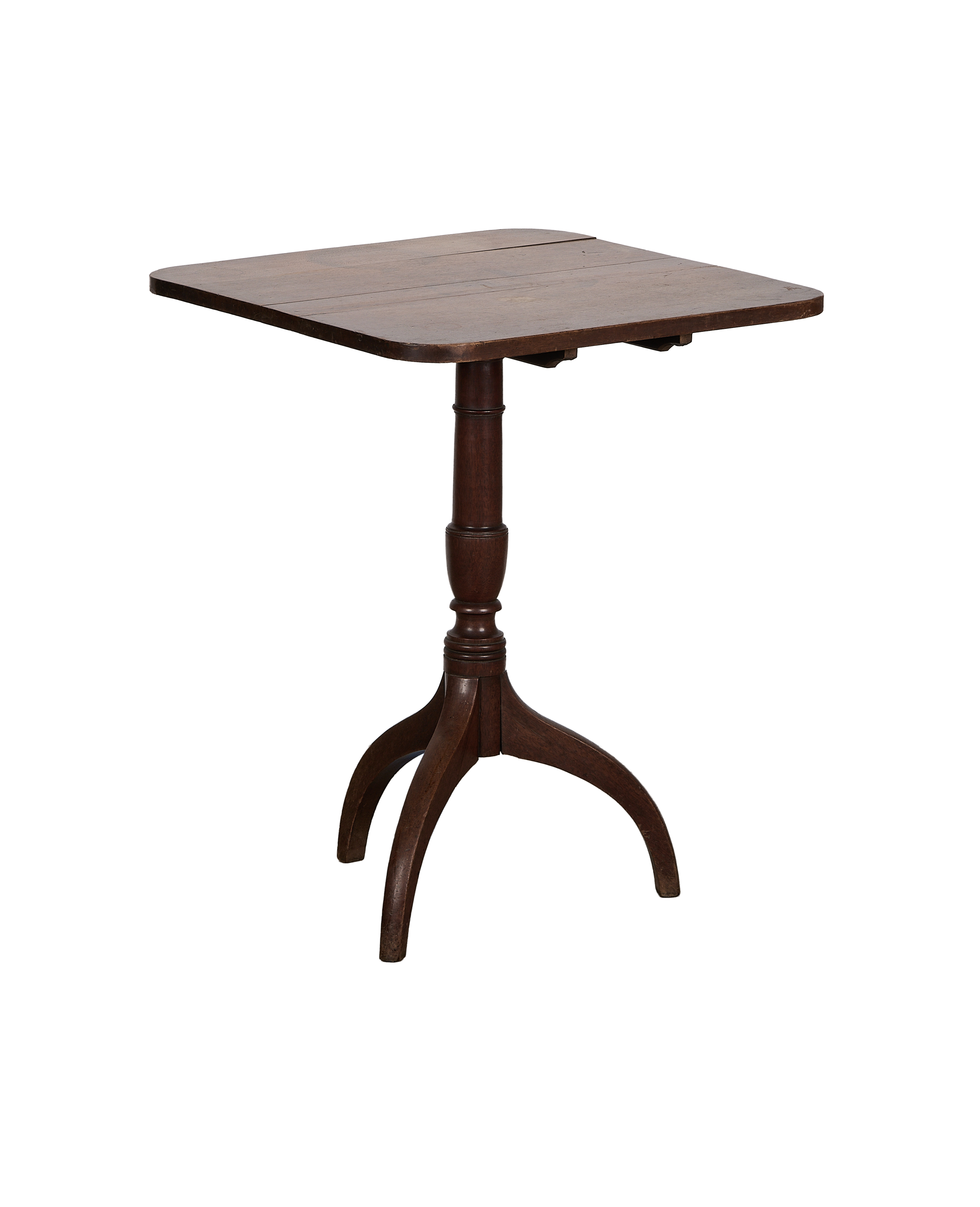 Vintage French oak square folding bistro table with three-legged pedestal base.