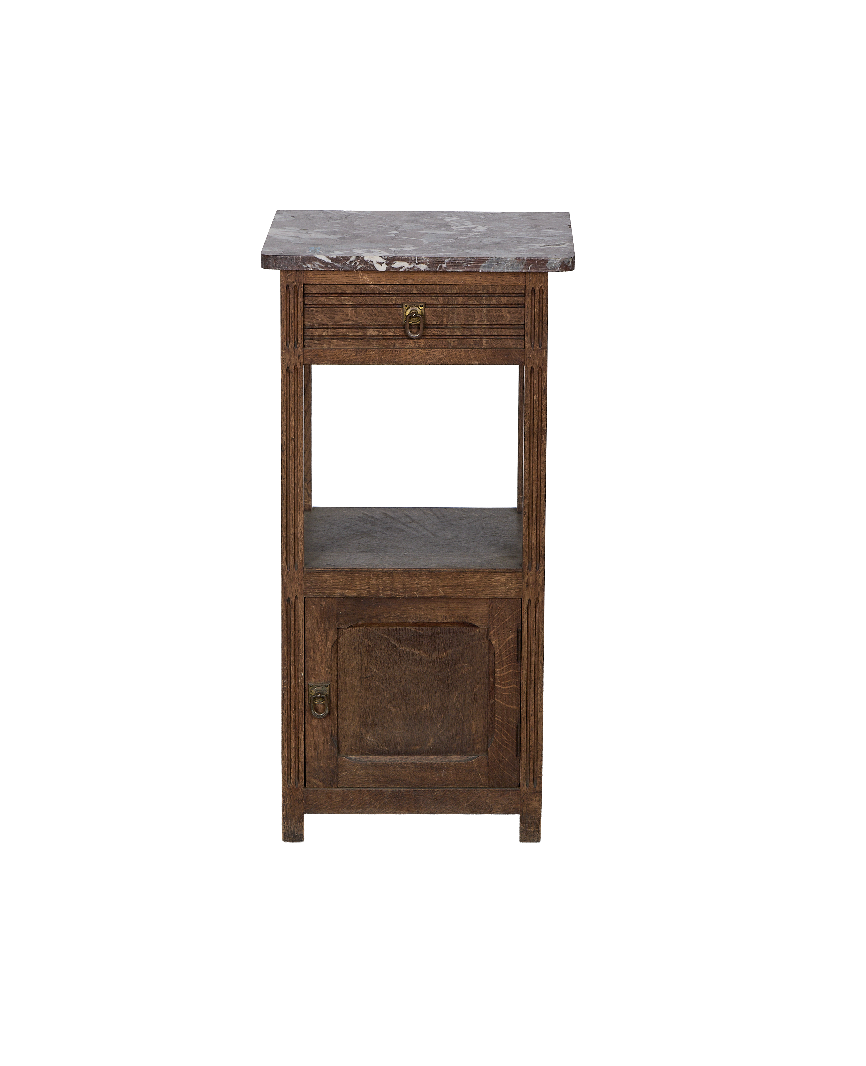 Vintage French oak nightstand with gray marble top, single drawer, open shelf, and cabinet.