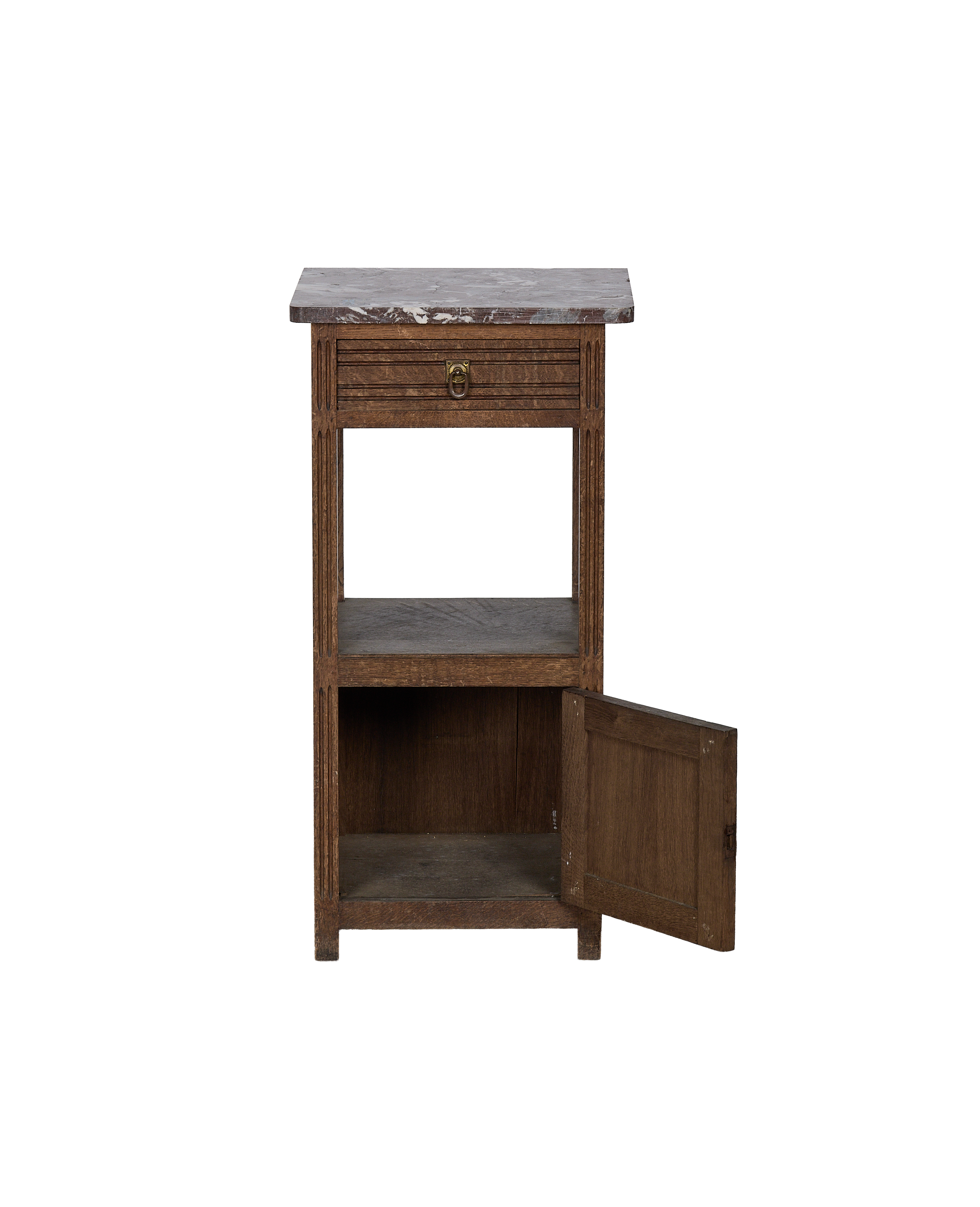 Vintage French oak nightstand, visible open door bottom shelf revealing storage.