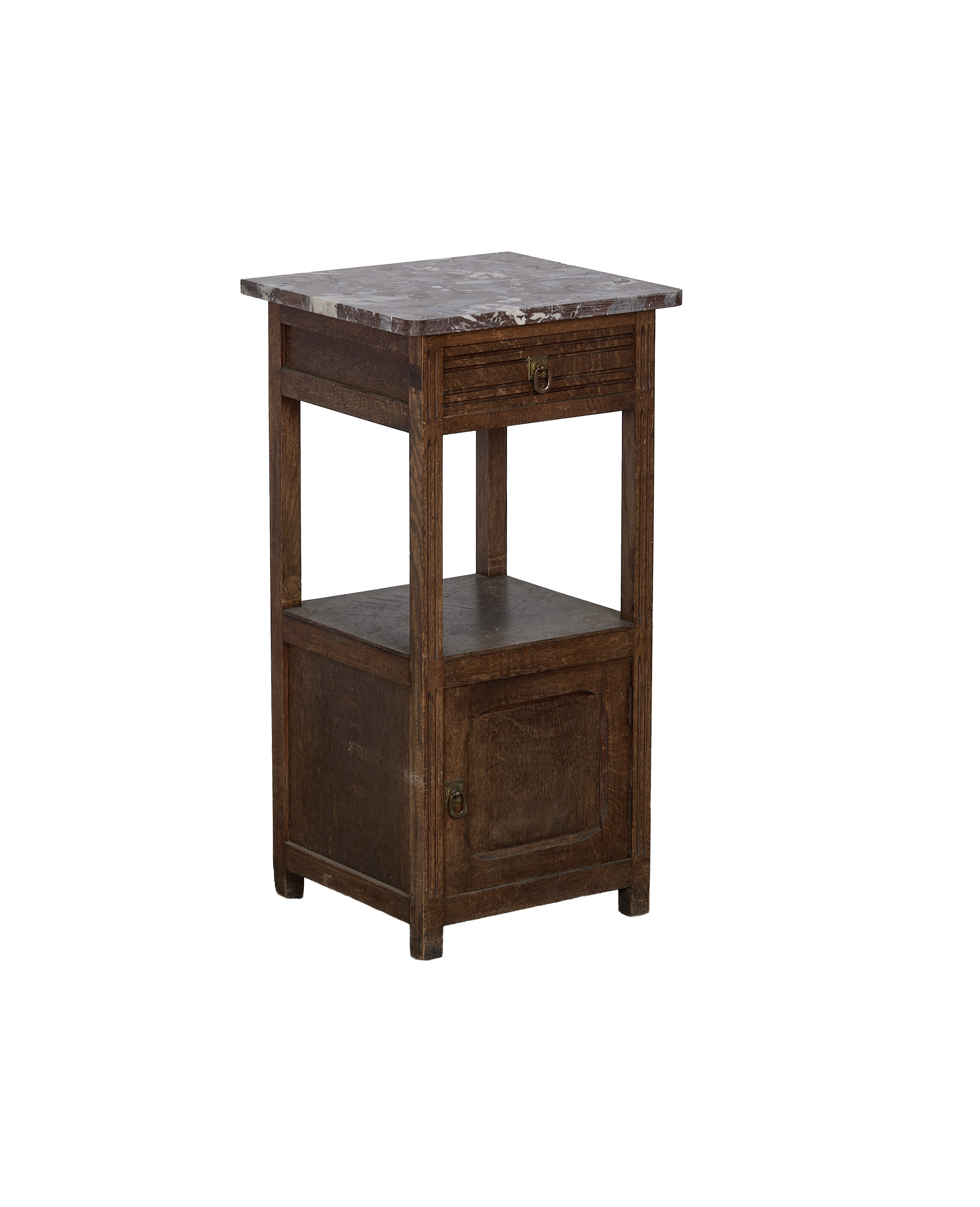 Vintage French oak nightstand, visible drawer pull and cabinet door latch detail.