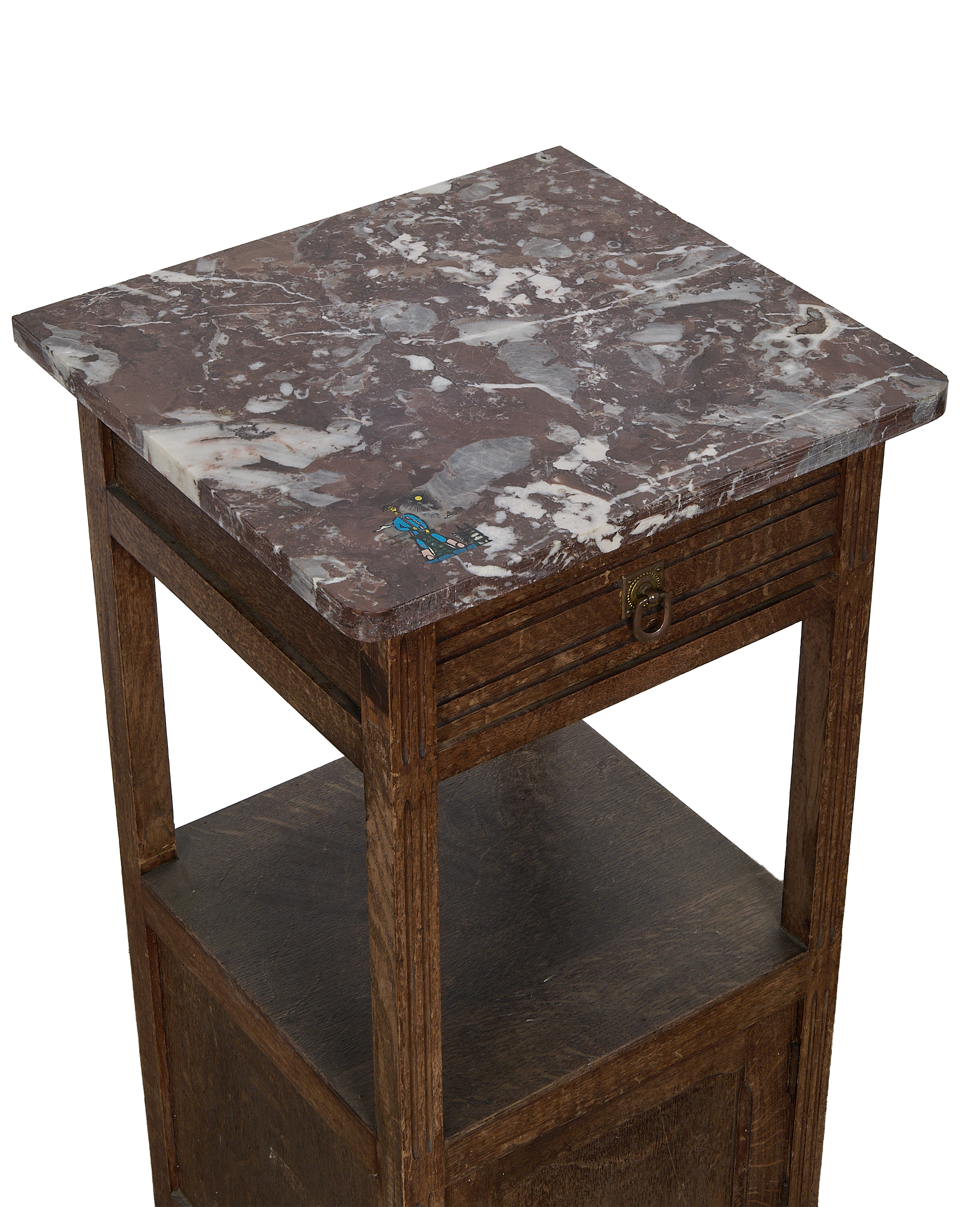 Vintage French oak nightstand, elevated view showcases the unique veining of the marbled top.