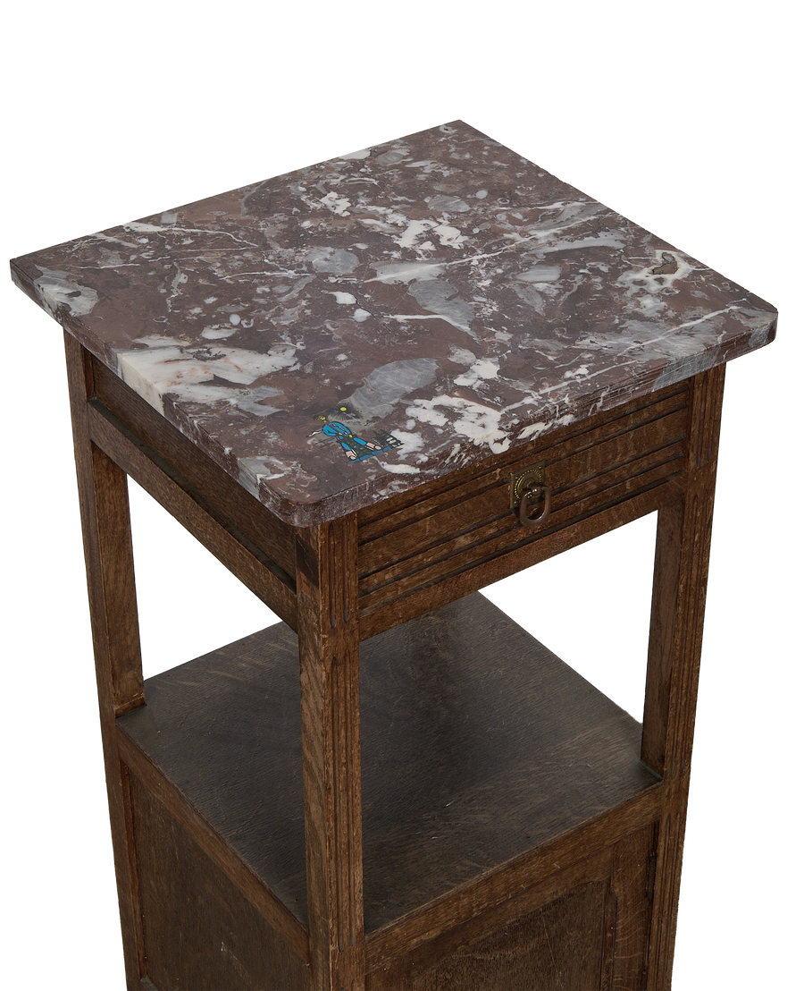 Vintage French oak nightstand, elevated view showcases the unique veining of the marbled top.