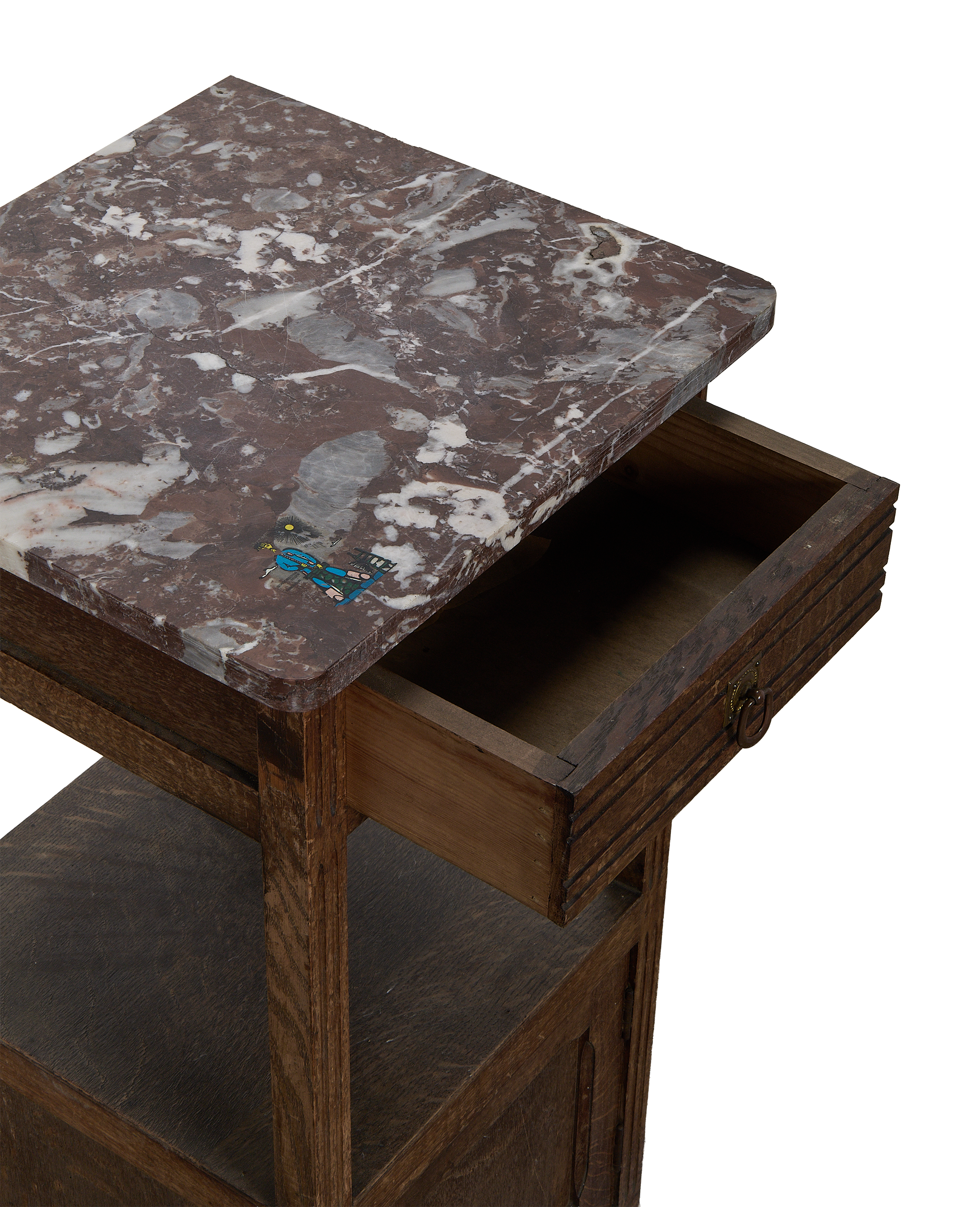 Vintage French oak nightstand, open drawer, ornate brass pull and striking marble top.