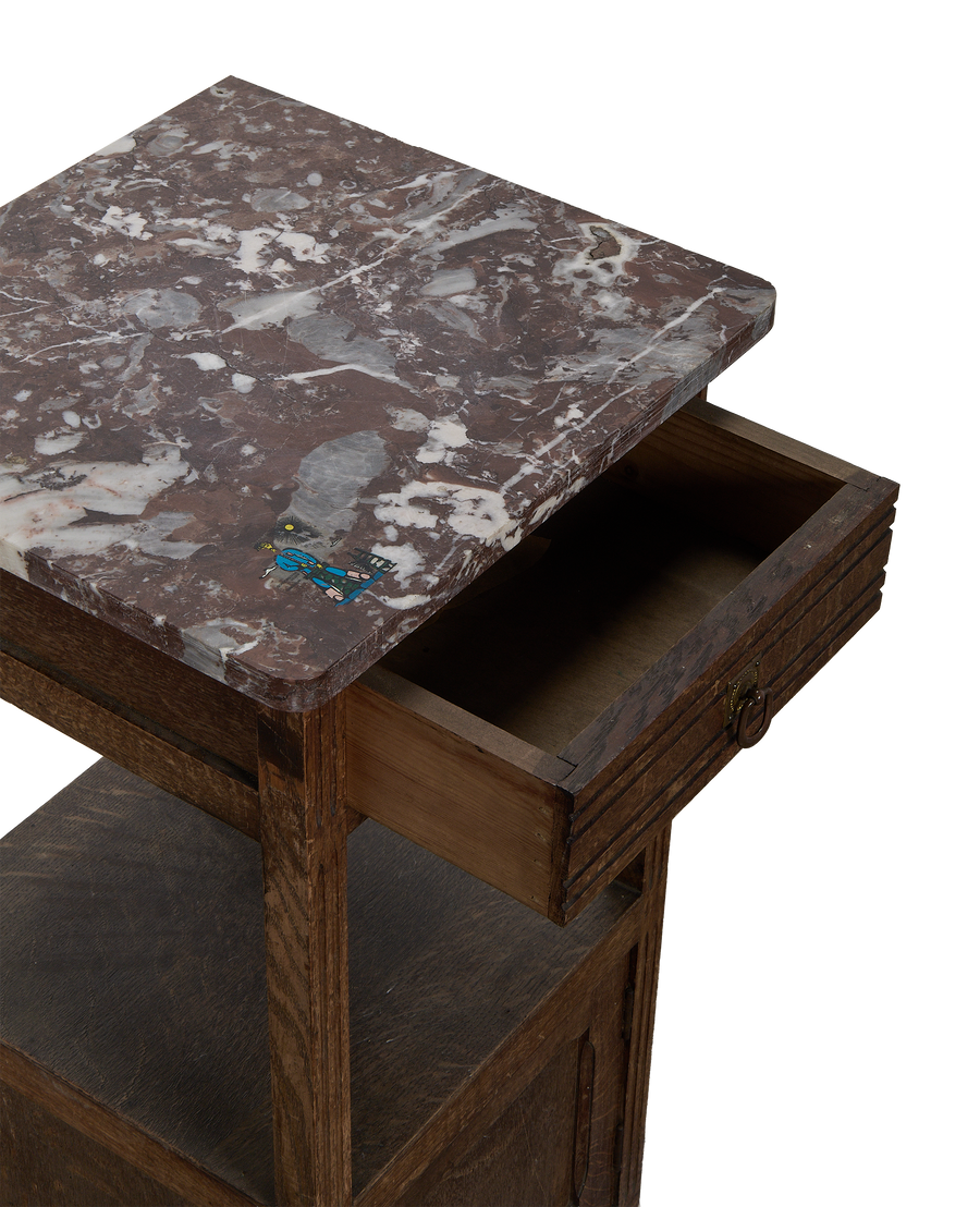 Vintage French oak nightstand, open drawer, ornate brass pull and striking marble top.