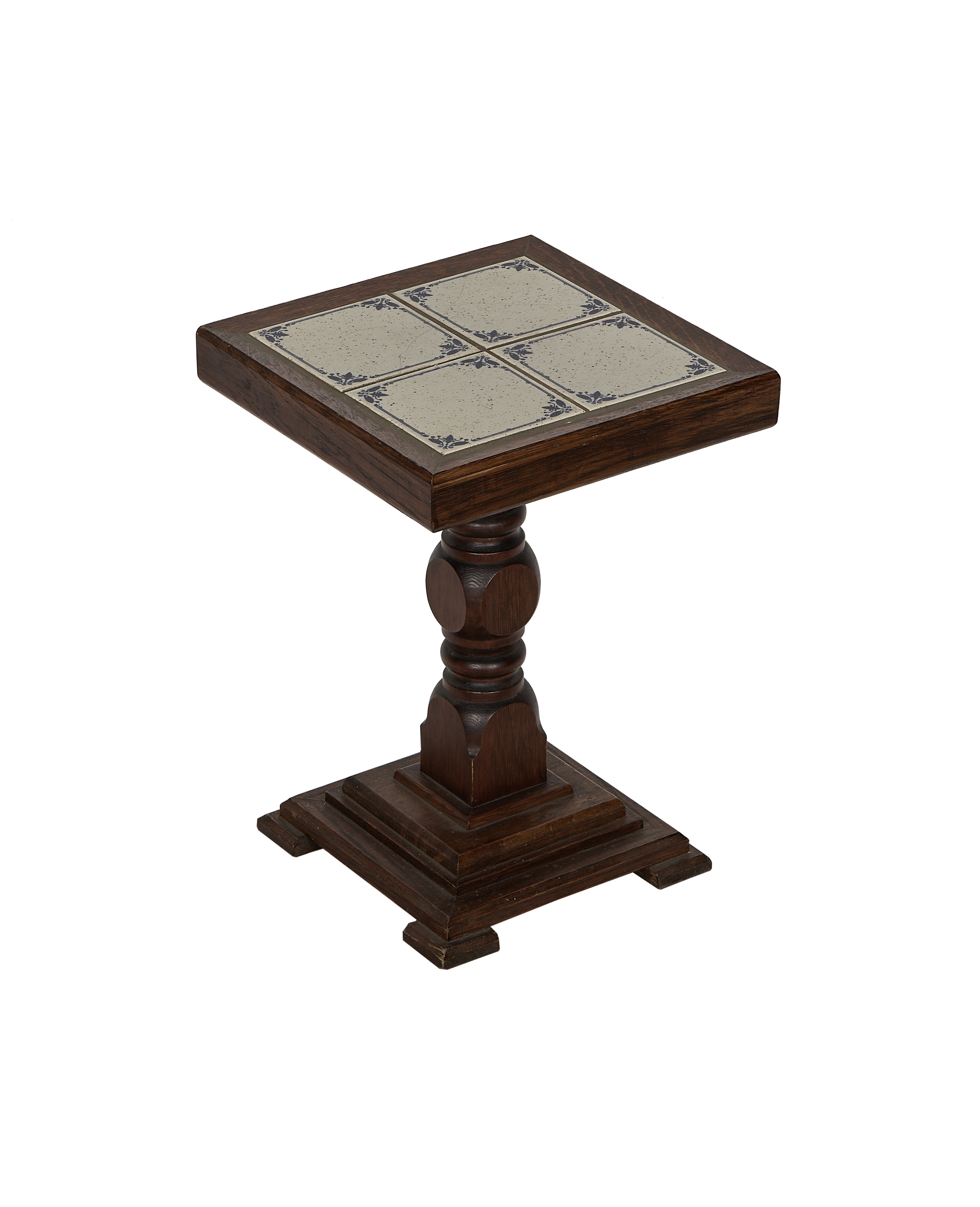 Vintage French oak side table with Delft tile top, central turned pedestal.